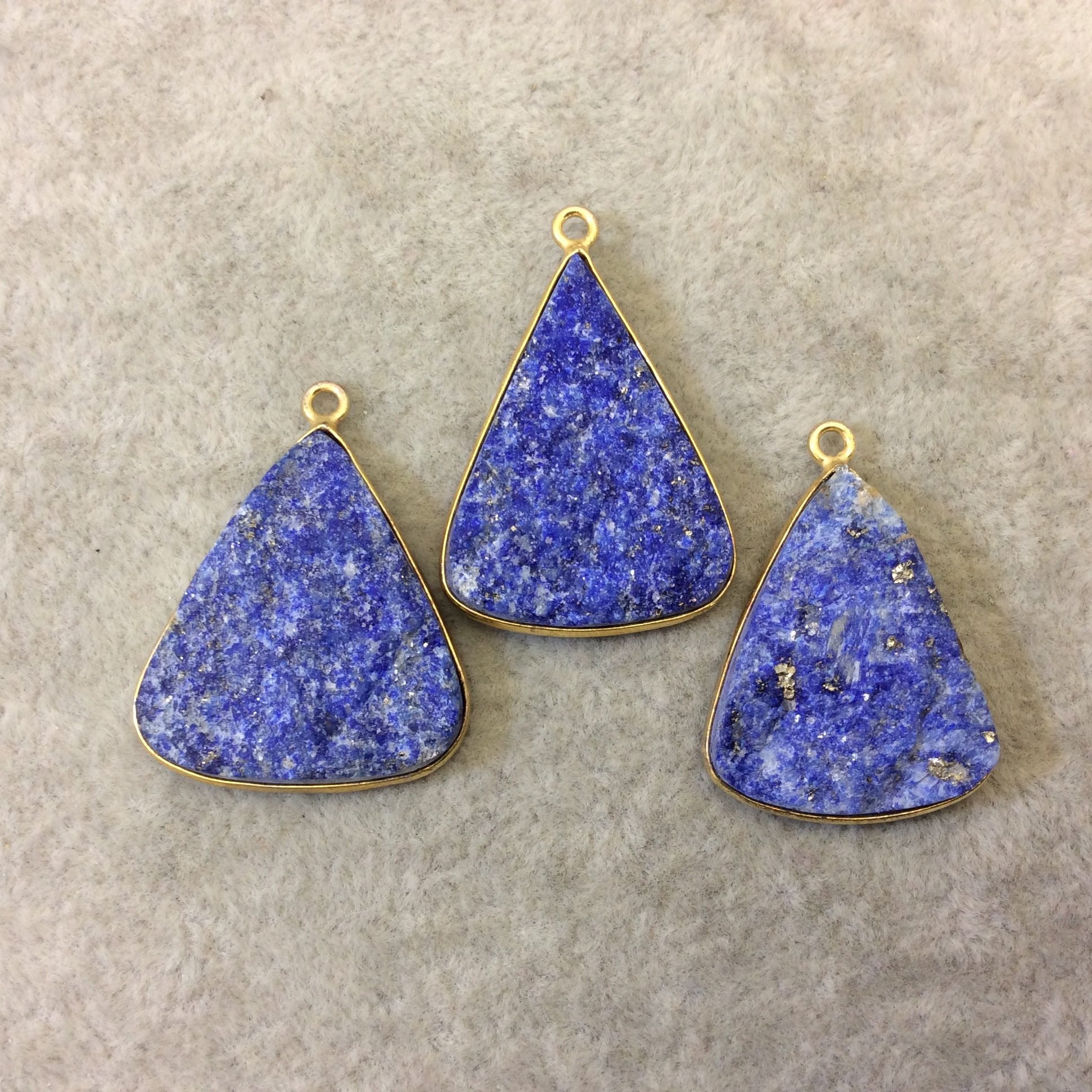 Jeweler's Lot Gold Plated Three Natural Rough/Raw Lapis Lazuli Triangle Shaped Bezel Pendants "RLL06" ~ 25-33mm Long - Semi-Precious Gem