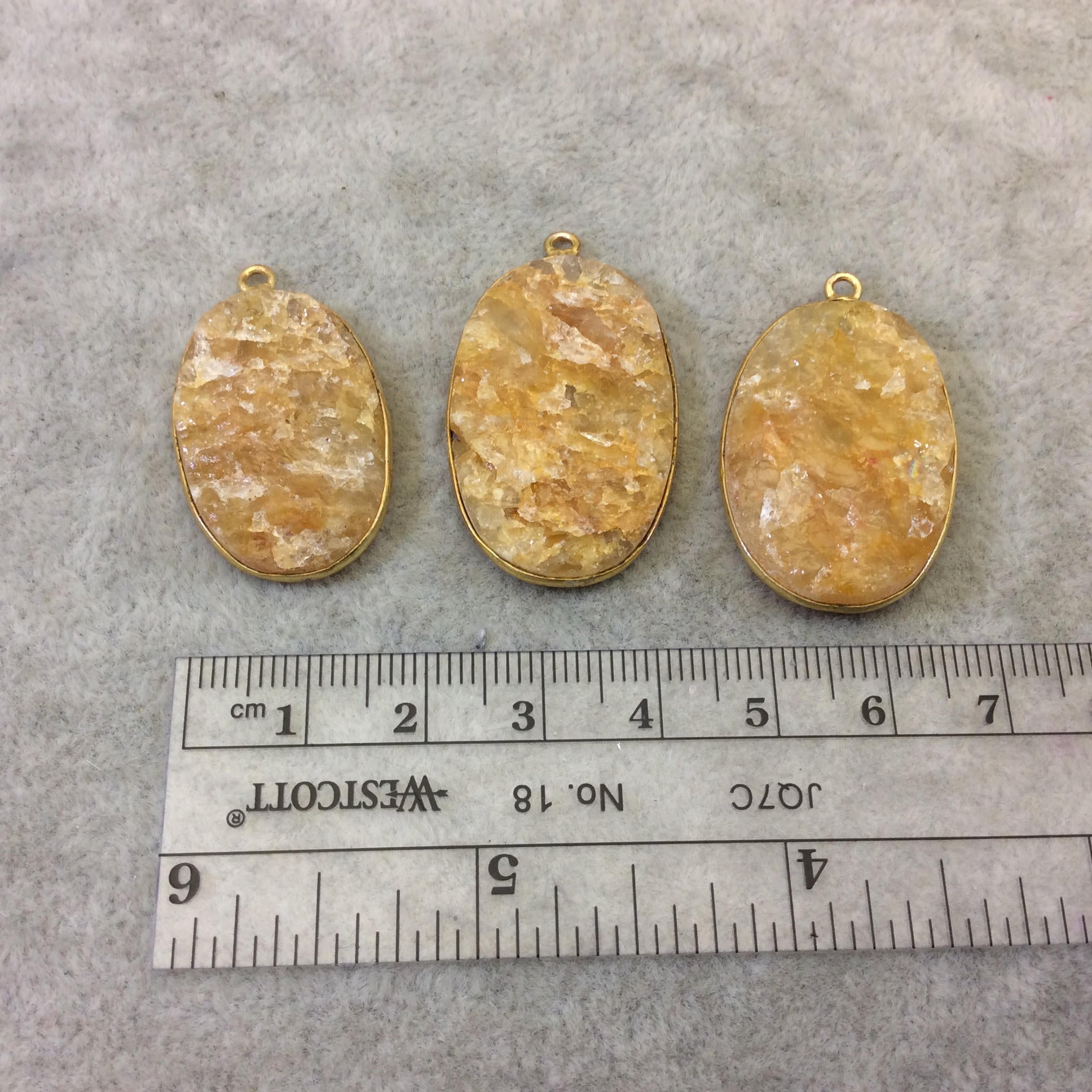 Jeweler's Lot Gold Plated Natural Raw Citrine - Three Flat Back Free Form Copper Bezel Pendants "RCT10" - 27mm x 33m Long - Sold As Shown!