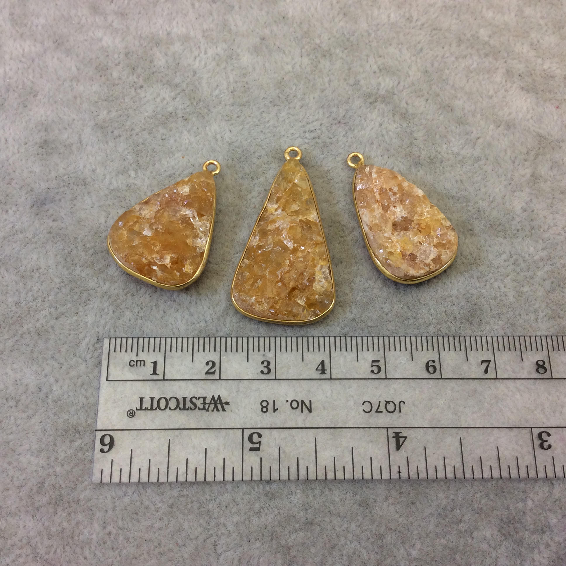 Jeweler's Lot Gold Plated Natural Raw Citrine - Three Flat Back Free Form Copper Bezel Pendants "RCT04" - 25mm-33mm Long - Sold As Shown!