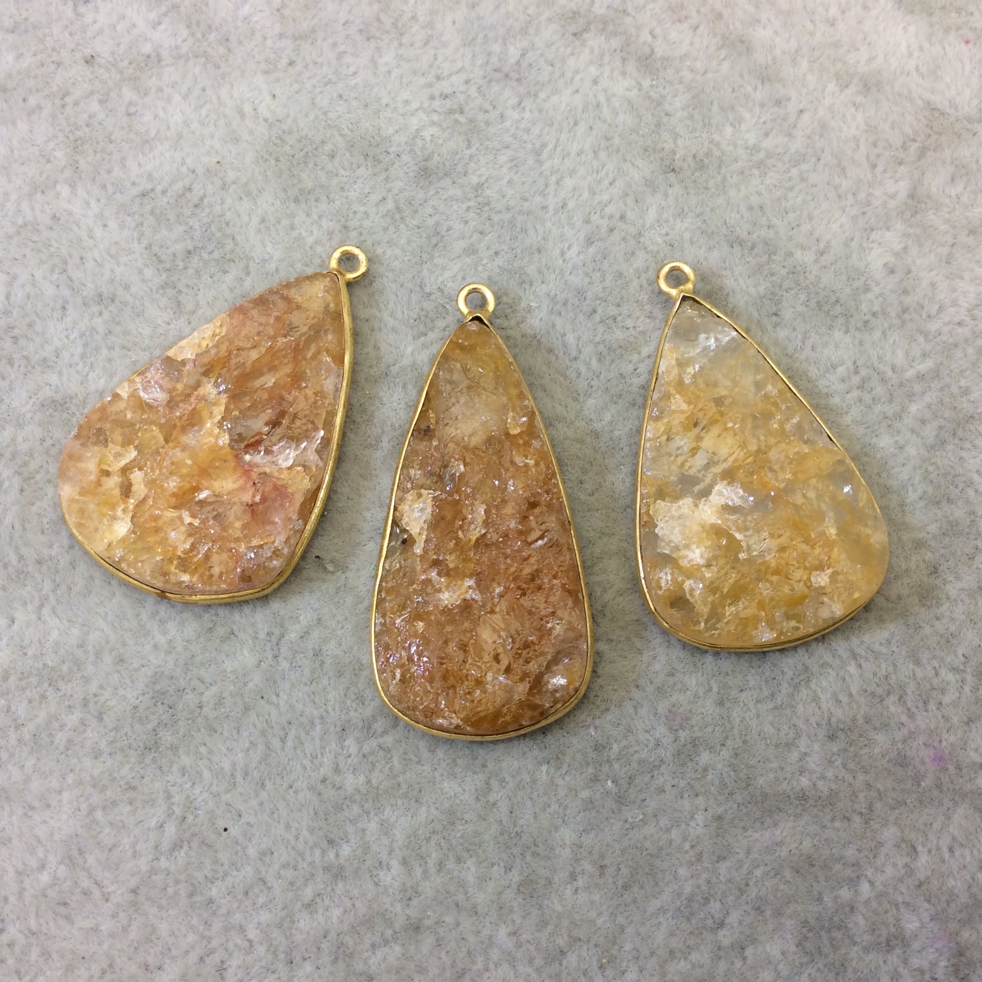 Jeweler's Lot Gold Plated Natural Raw Citrine - Three Flat Back Free Form Copper Bezel Pendants "RCT07" - 32-37mm Long - Sold As Shown!