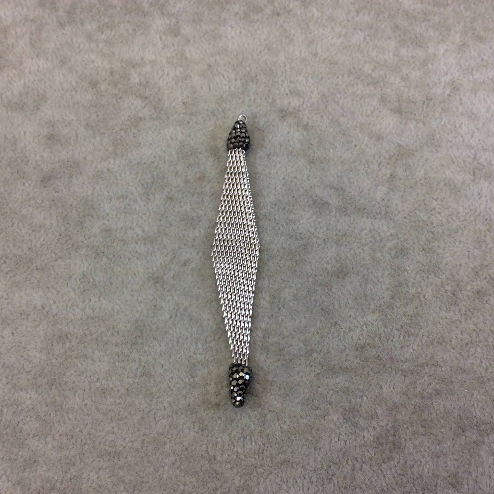 3.25" Pave Rhinestone Encrusted Silver Mesh Diamond Shape Pendant W Gray/Gunmetal Rhinestones - Measuring 12mm x 80mm, Approx. Sold Per Each