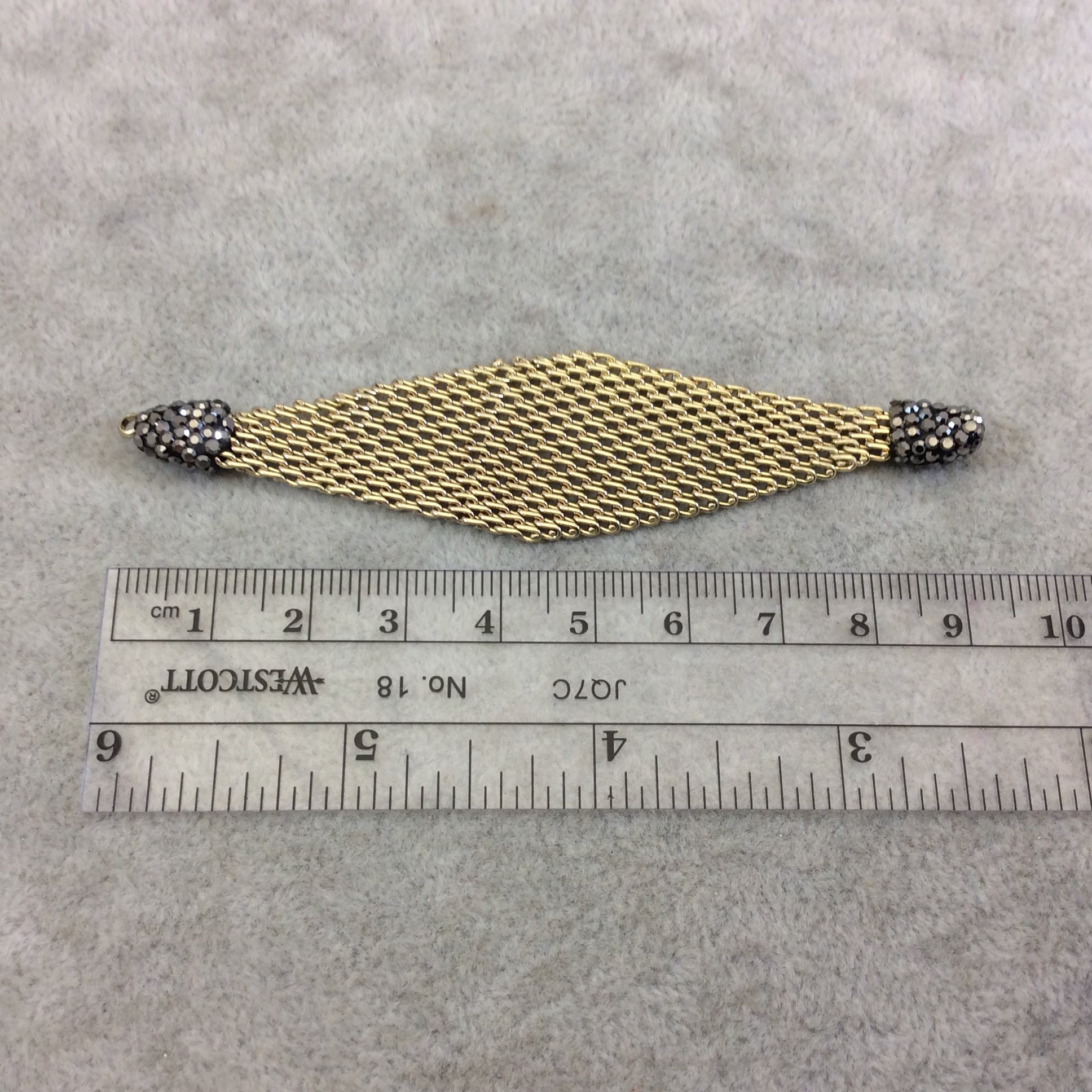 4" Pave Rhinestone Encrusted Gold Mesh Diamond Shaped Pendant with Gray/Gunmetal Rhinestones - Measuring 23mm x 97mm, Approx. Sold Per Each
