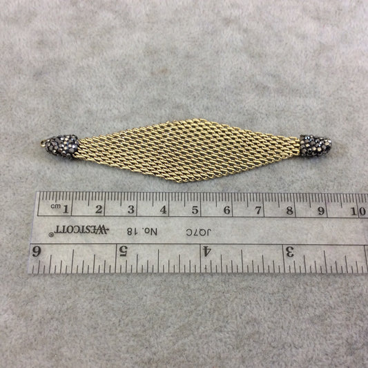 4" Pave Rhinestone Encrusted Gold Mesh Diamond Shaped Pendant with Gray/Gunmetal Rhinestones - Measuring 23mm x 97mm, Approx. Sold Per Each