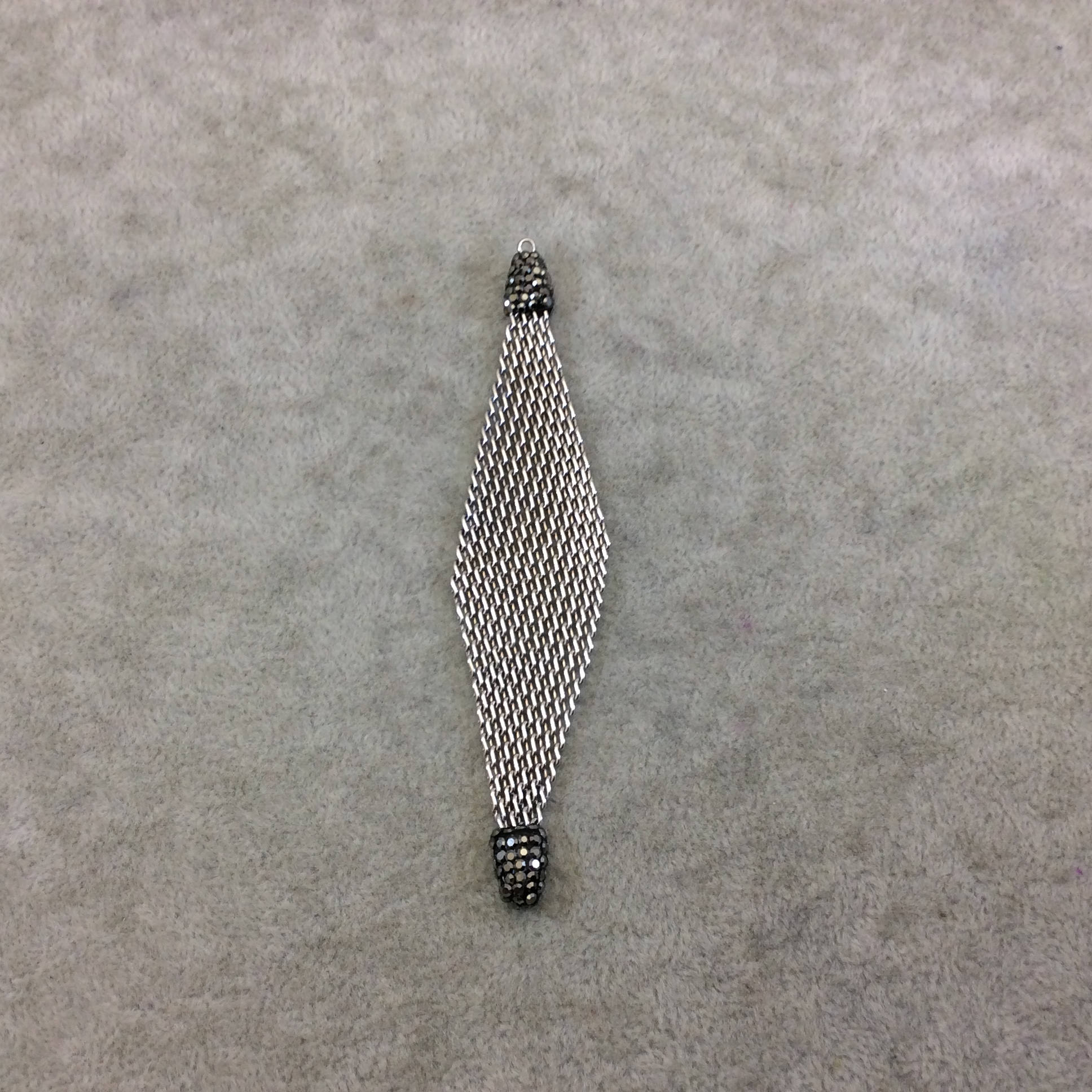 4" Pave Rhinestone Encrusted Silver Mesh Diamond Shaped Pendant W Gray/Gunmetal Rhinestones - Measuring 23mm x 97mm, Approx. Sold Per Each
