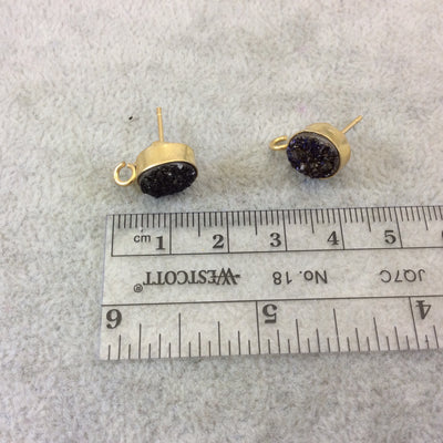 One Pair of BACKLESS Purple/Black Color Coated Natural Druzy Oval Shape Gold Plated Stud Earrings W Attached Jump Rings - Measure 8mm x 10mm