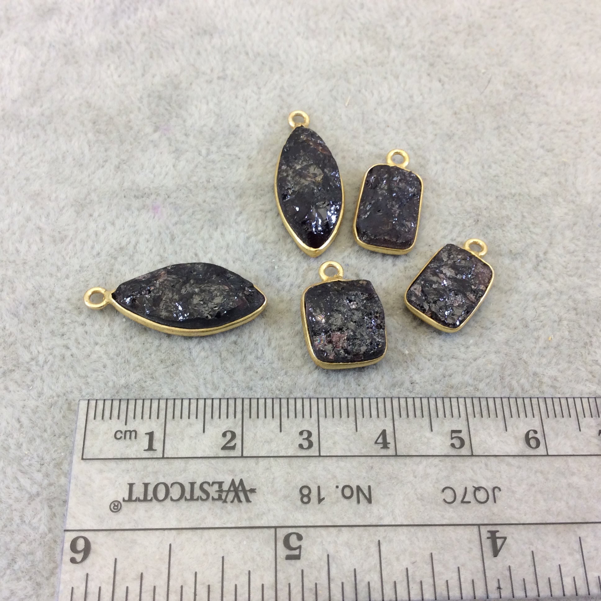 Jeweler's Lot OOAK Gold Plated Dark Natural Raw Garnet Five Flat Back Assorted Free Form Copper Bezel Pendants "RG01" 12-20mm - As Shown!