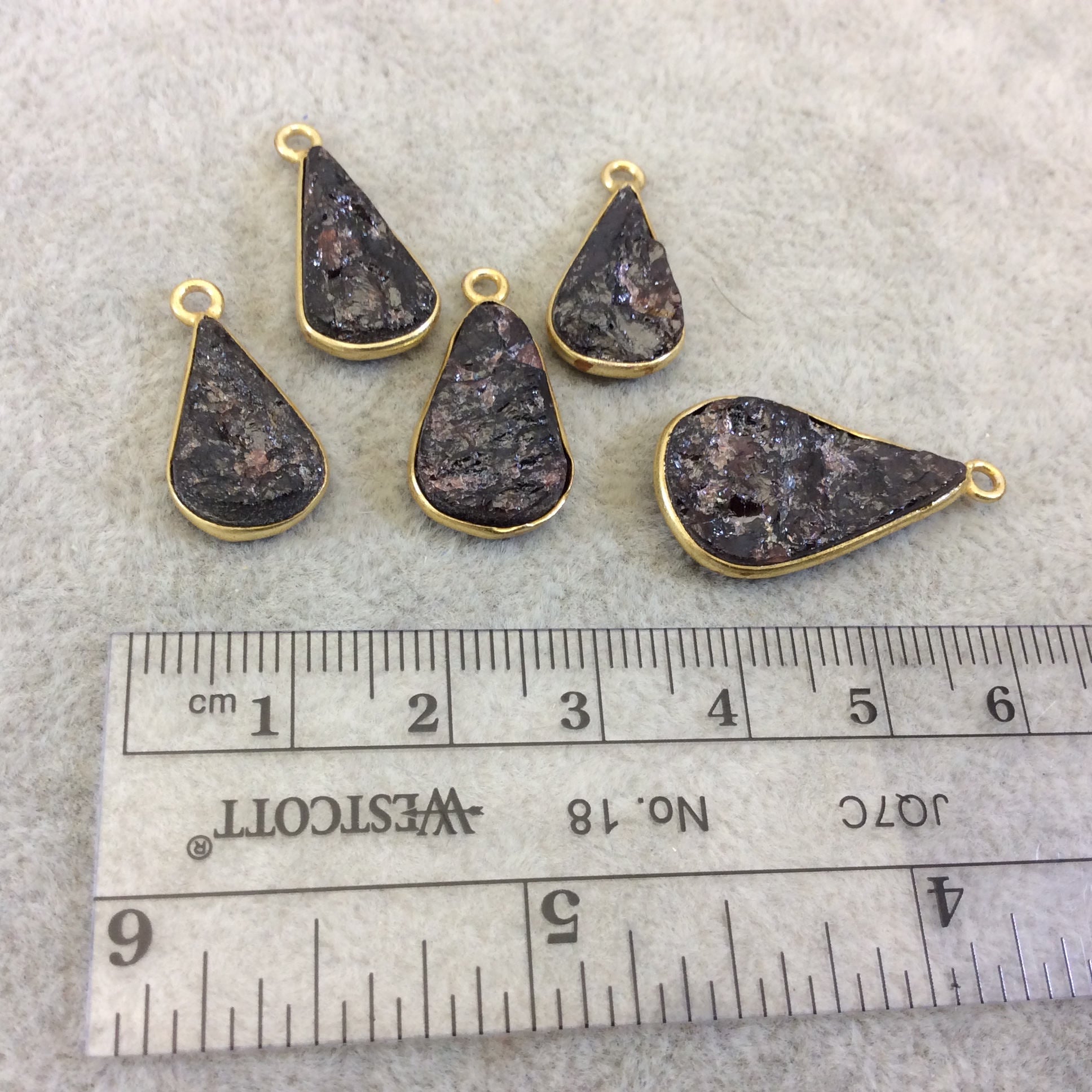 Jeweler's Lot OOAK Gold Plated Dark Natural Raw Garnet Five Flat Back Assorted Free Form Copper Bezel Pendants "RG12" 16-22mm - As Shown!