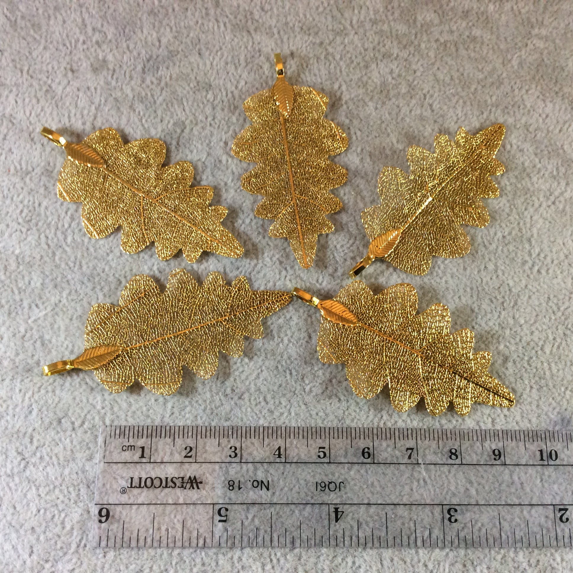 Large Bright Gold Finish Electroplated Copper Scalloped Leaf Pendant with Attached Bail - Measuring Approx. 50mm Long - Sold Individually