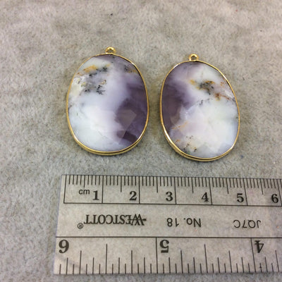 One Pair of OOAK Gold Finish Smooth Dendritic Opal Oval/Oblong Shaped Bezel Pendants "DOGD05" - Measuring 25mm x 34mm - Natural Gemstone