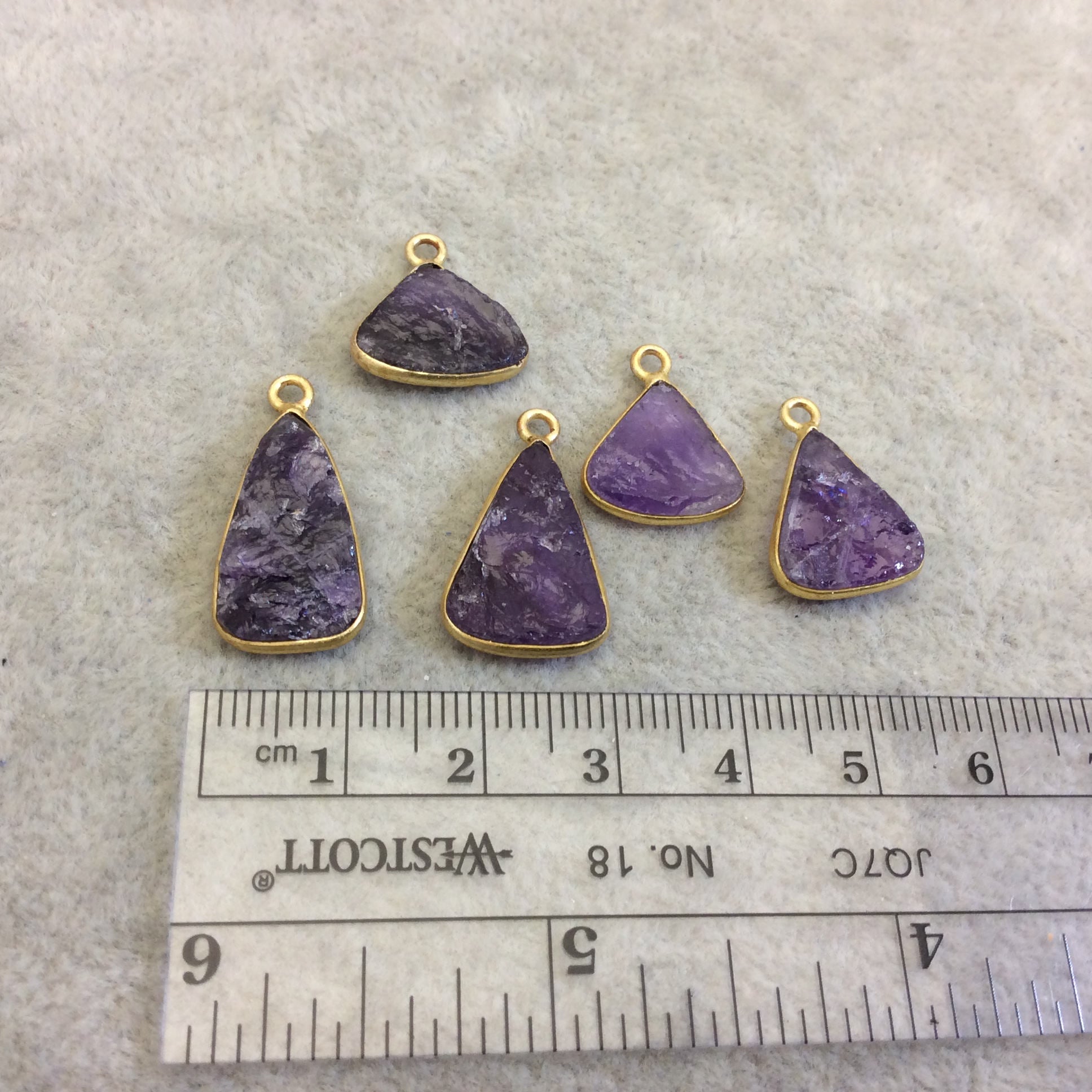 Jeweler's Lot OOAK Gold Plated Natural Raw Amethyst Five Flat Back Freeform Copper Bezel Pendants "RAM11" ~ 12-20mm Long - Sold As Shown!