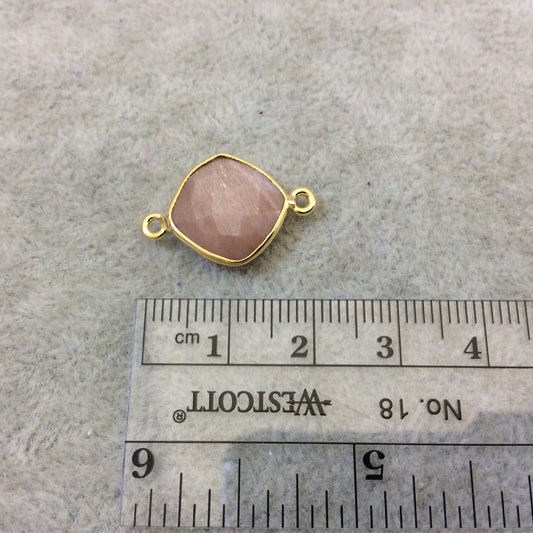 Gold Finish Faceted Peach Moonstone Diamond Shape Plated Copper Bezel Connector Component - ~ 12mm x 12mm - Sold Individually - RANDOM
