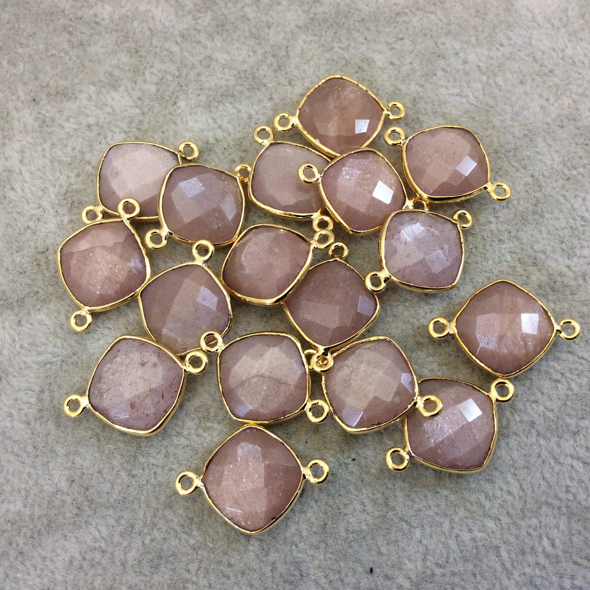 Gold Finish Faceted Peach Moonstone Diamond Shape Plated Copper Bezel Connector Component - ~ 12mm x 12mm - Sold Individually - RANDOM