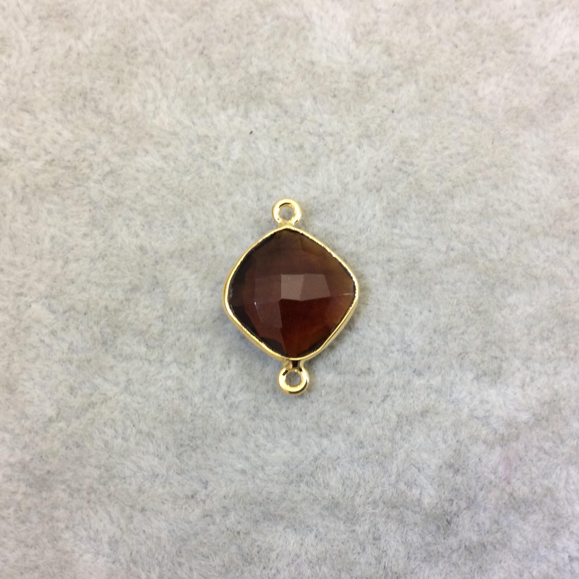 Gold Finish Faceted Root Beer Quartz (Hydro)  Diamond Shape Plated Copper Bezel Connector  ~ 12mm x 12mm - Sold Individually - RANDOM