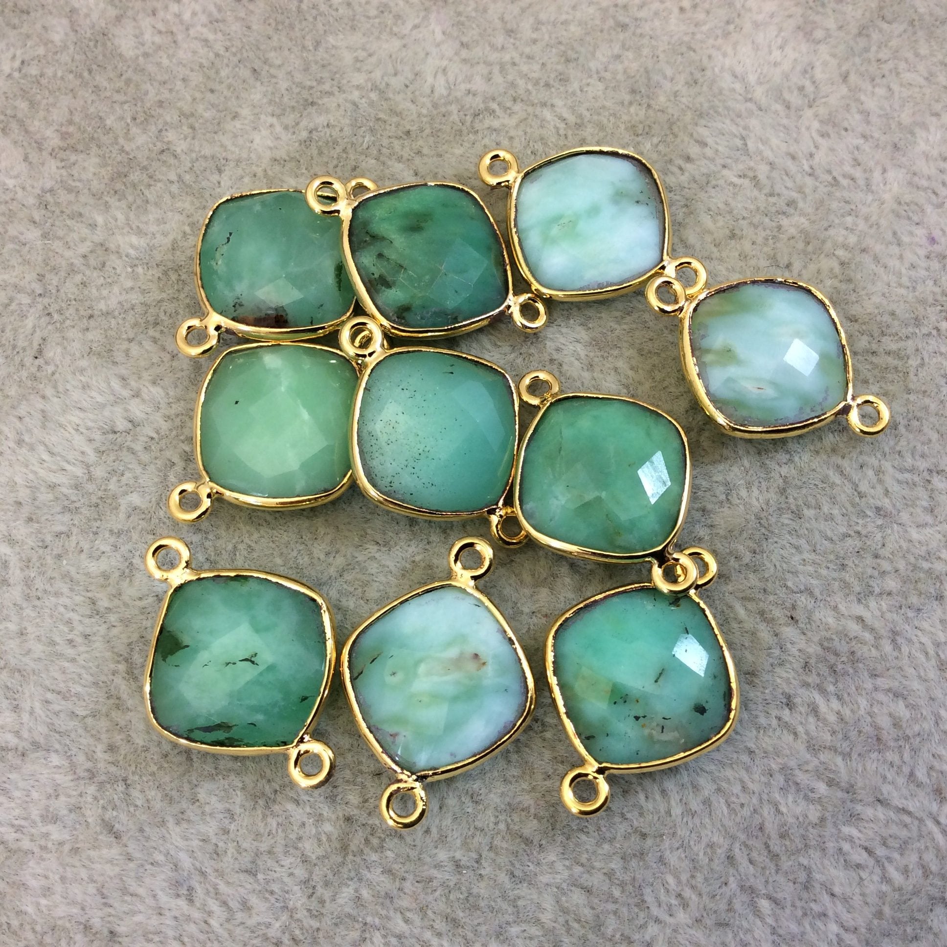 Gold Finish Faceted Chrysoprase  Diamond Shape Plated Copper Bezel Connector Component - ~ 12mm x 12mm - Sold Individually - RANDOM
