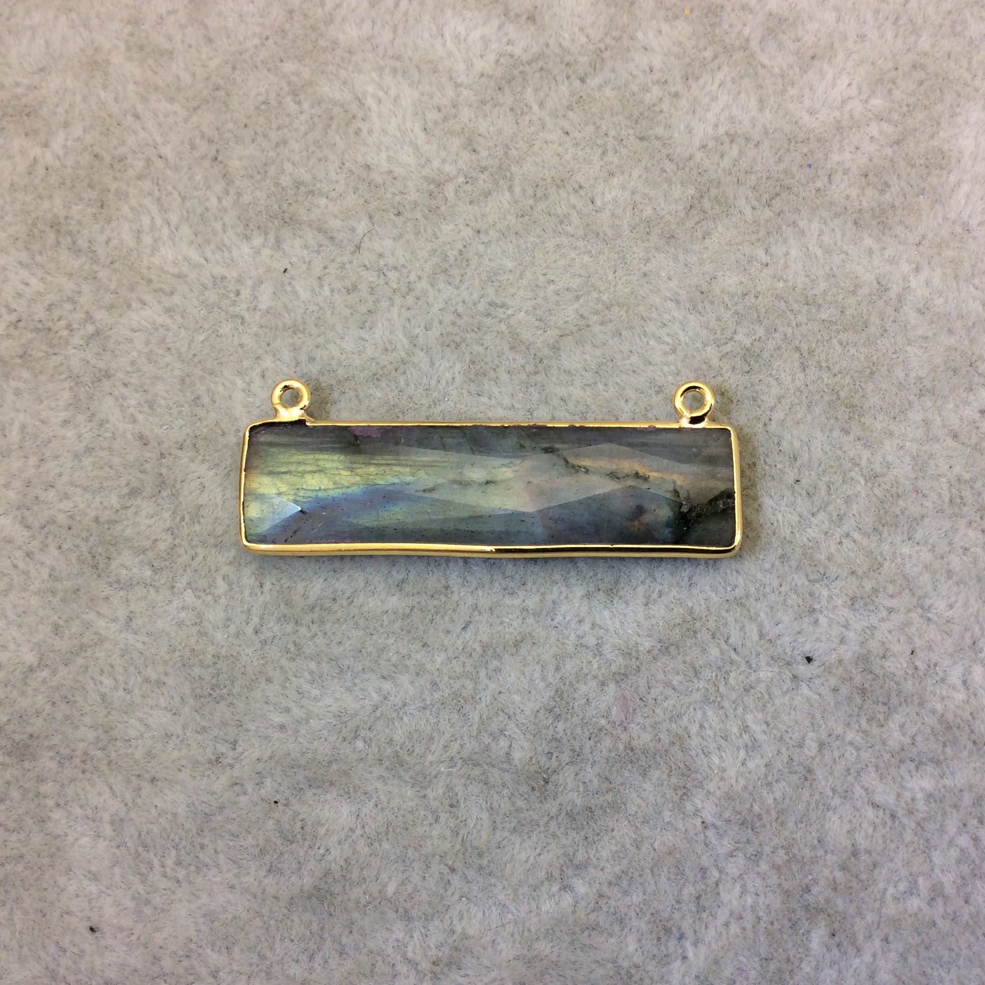 Labradorite Bezel | Gold Plated Faceted Natural Rainbow Rectangle/Bar Shaped Connector - ~ 10mm x 40mm - Sold Individually, Chosen Randomly