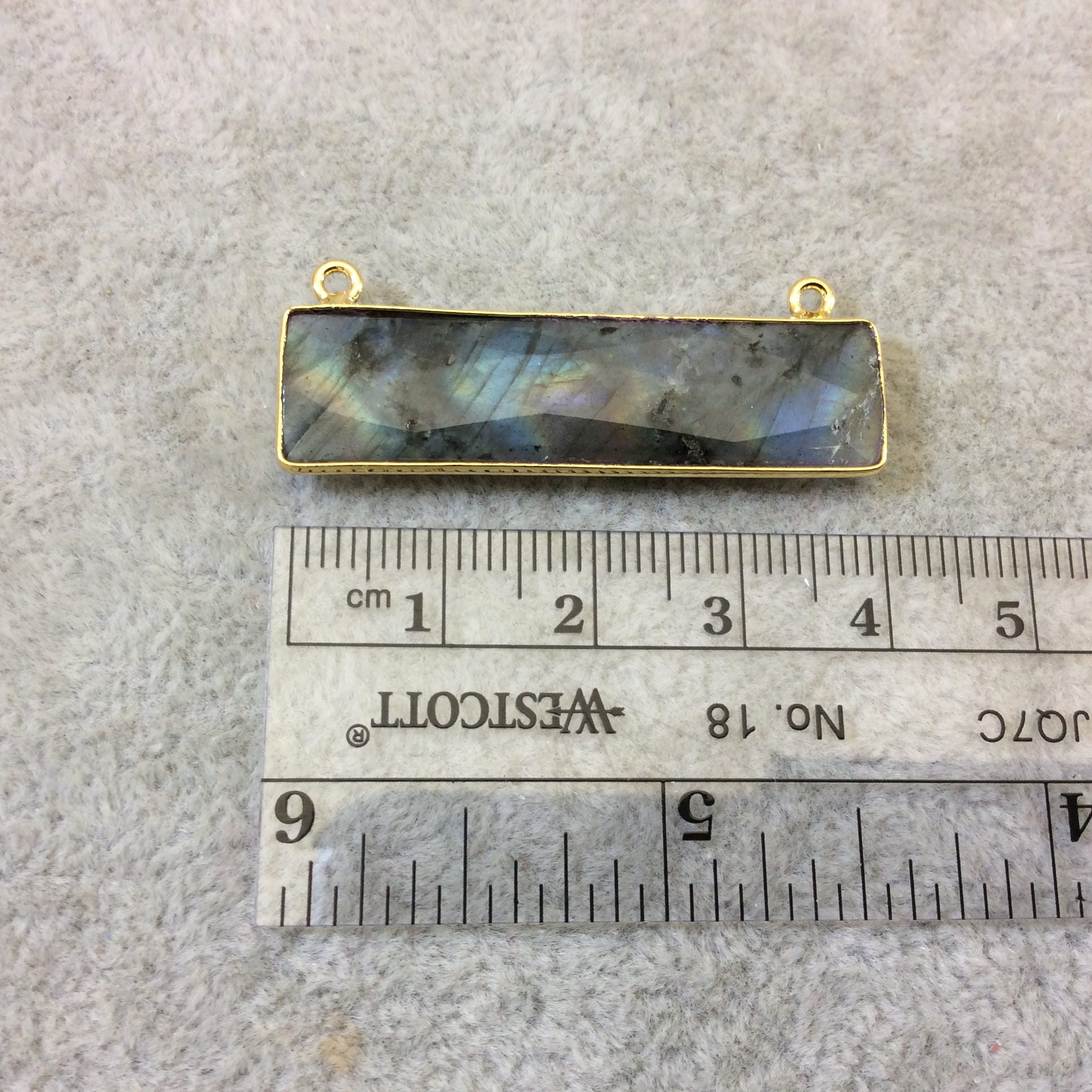 Labradorite Bezel | Gold Plated Faceted Natural Rainbow Rectangle/Bar Shaped Connector - ~ 10mm x 40mm - Sold Individually, Chosen Randomly