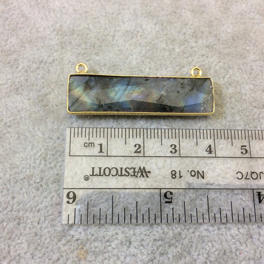 Labradorite Bezel | Gold Plated Faceted Natural Rainbow Rectangle/Bar Shaped Connector - ~ 10mm x 40mm - Sold Individually, Chosen Randomly