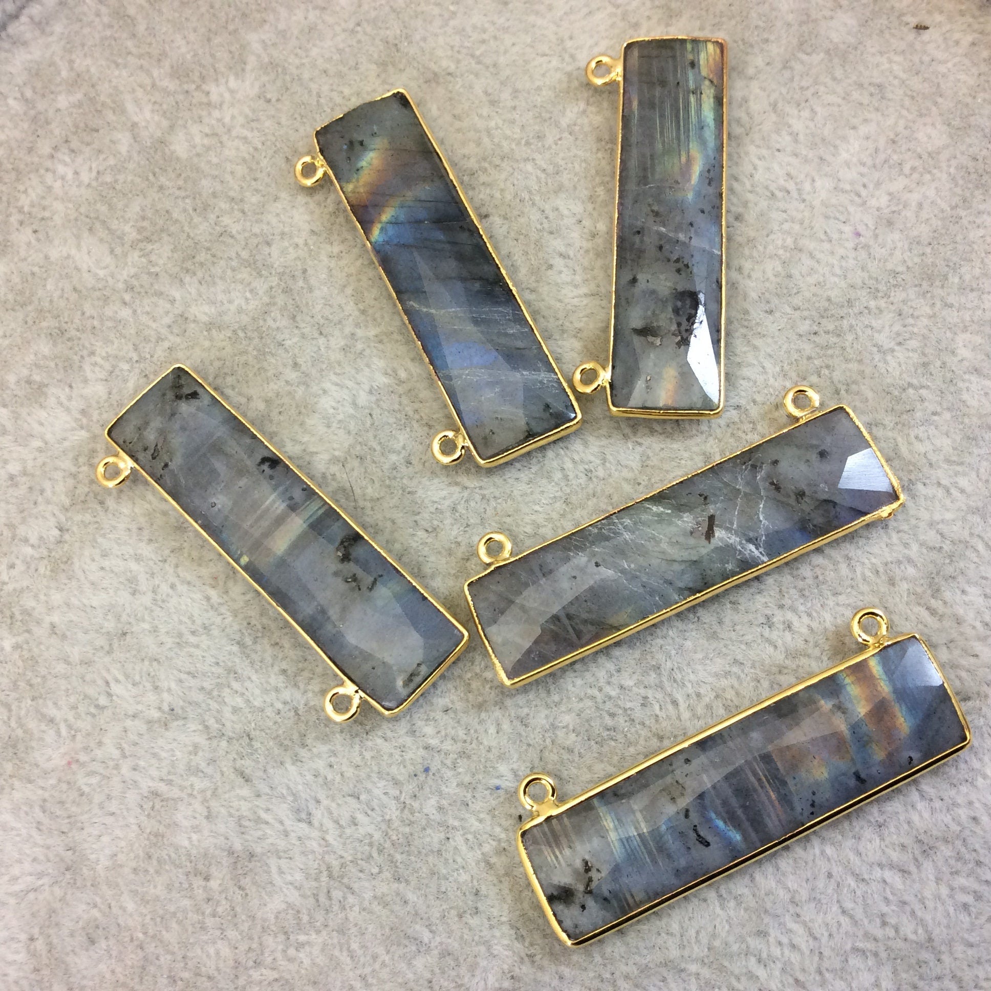 Labradorite Bezel | Gold Plated Faceted Natural Rainbow Rectangle/Bar Shaped Connector - ~ 10mm x 40mm - Sold Individually, Chosen Randomly
