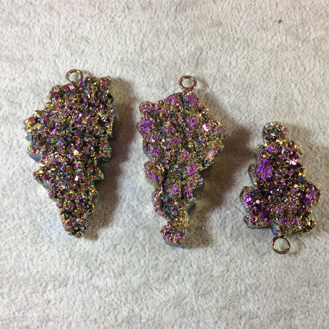 Gold Electoplated Freeform Shaped Pink/Purple Confetti Druzy Focal Pendant - Measuring 35-45mm, Approx. - Sold Individually, Chosen Random