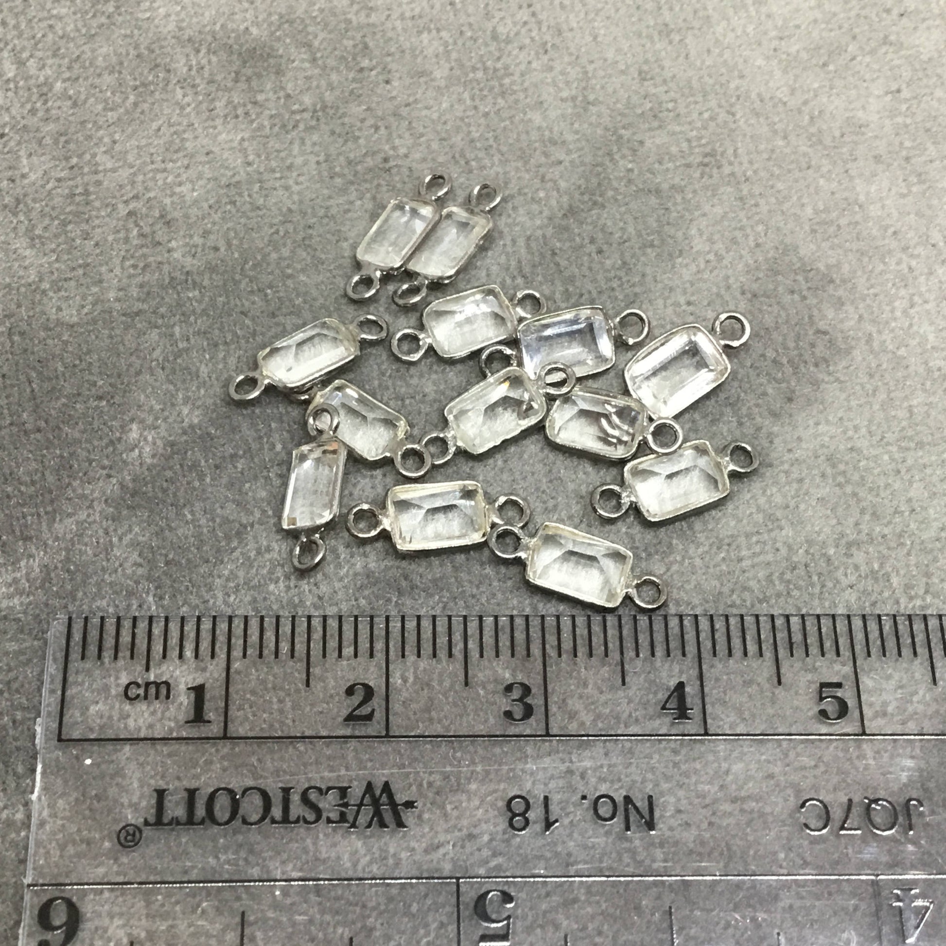 BULK PACK of Six (6) Gunmetal Sterling Silver Pointed/Cut Stone Faceted Rectangle Shaped Clear Quartz Bezel Connectors - Measuring 4mm x 6mm