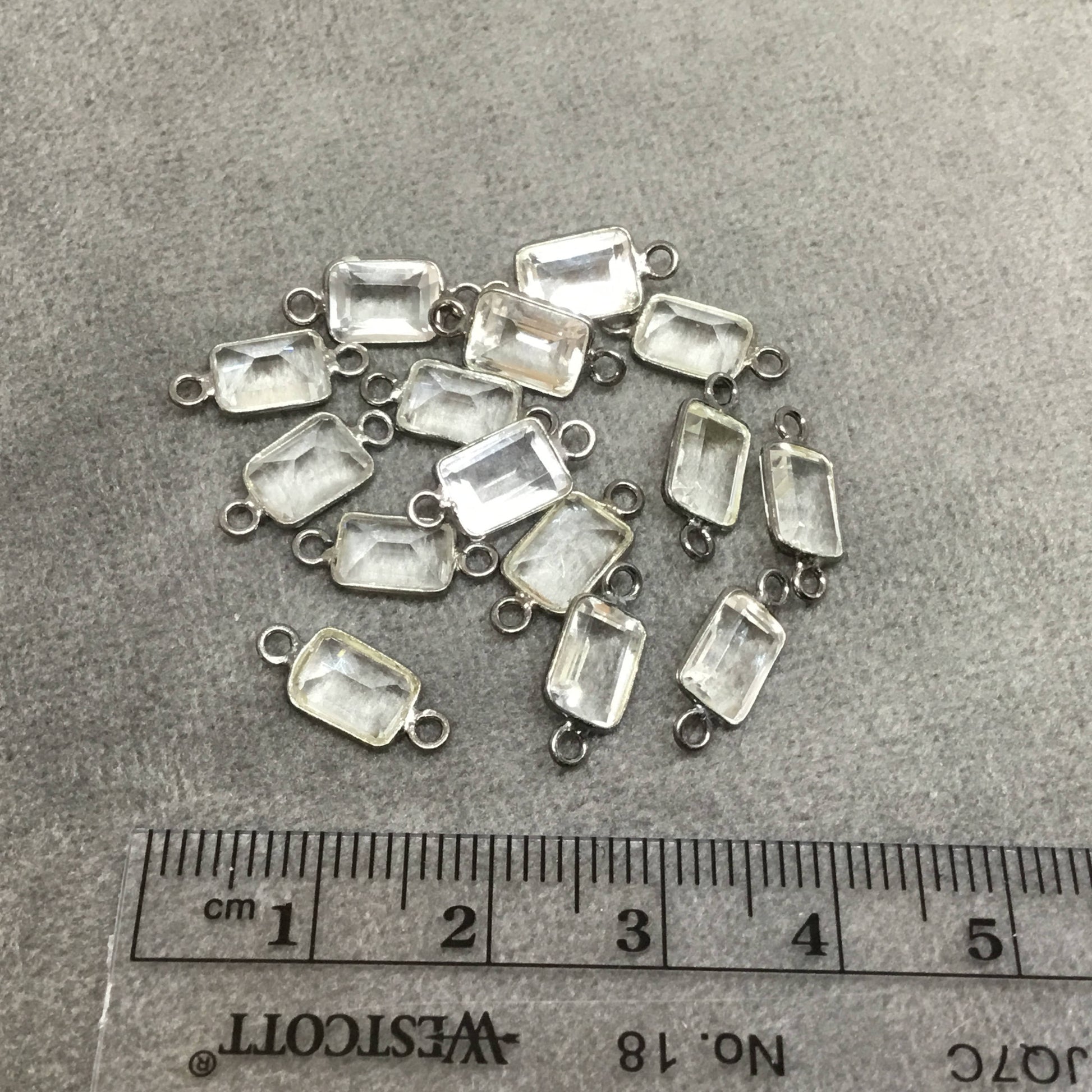 BULK PACK of Six (6) Gunmetal Sterling Silver Pointed/Cut Stone Faceted Rectangle Shaped Clear Quartz Bezel Connectors - Measuring 5mm x 7mm