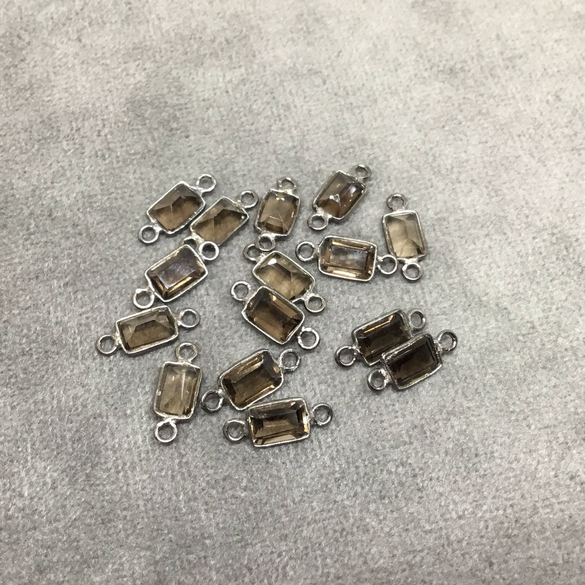 BULK PACK of Six (6) Gunmetal Sterling Silver Pointed/Cut Stone Faceted Rectangle Shaped Smoky Quartz Bezel Connectors - Measuring 4mm x 6mm
