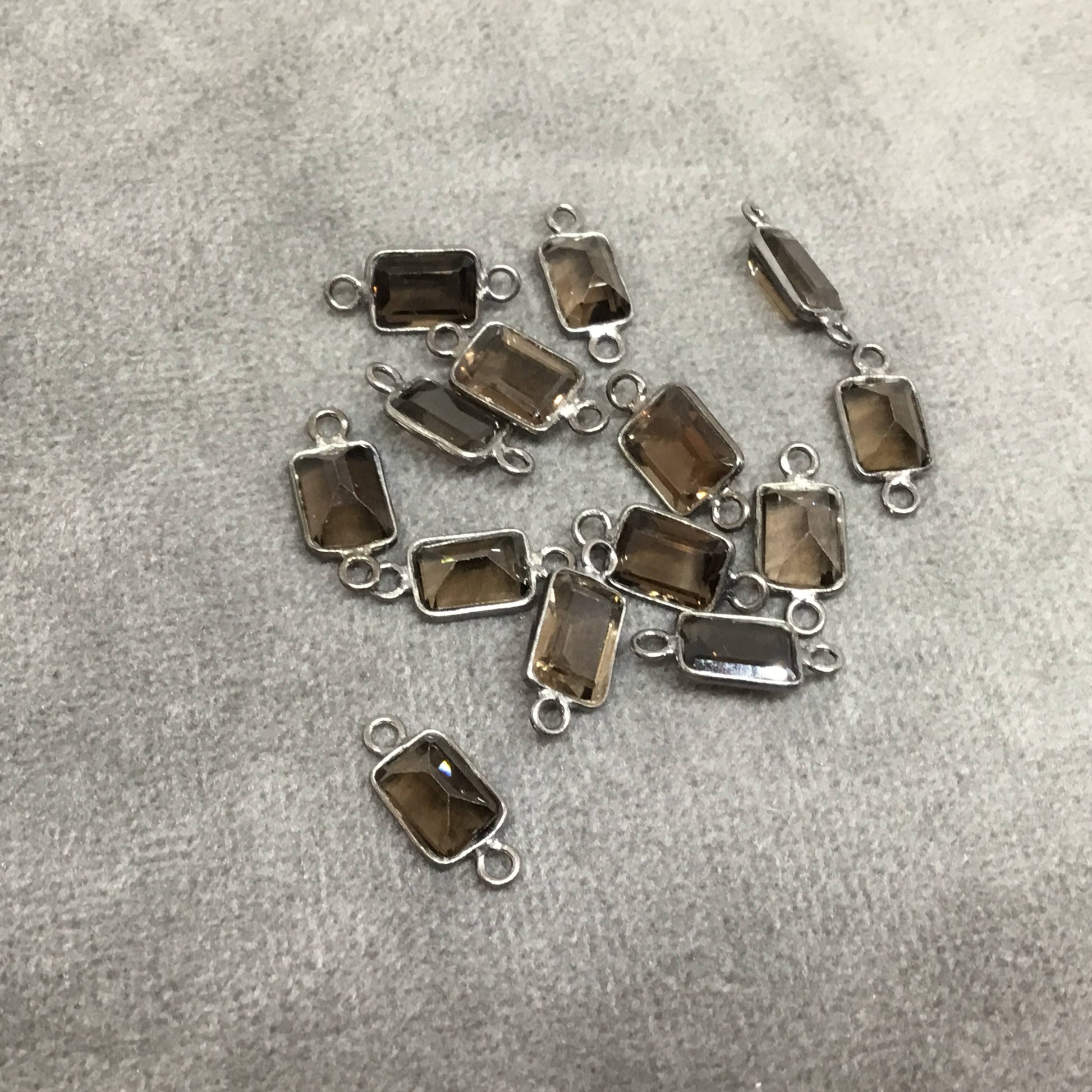 BULK PACK of Six (6) Gunmetal Sterling Silver Pointed/Cut Stone Faceted Rectangle Shaped Smoky Quartz Bezel Connectors - Measuring 5mm x 7mm