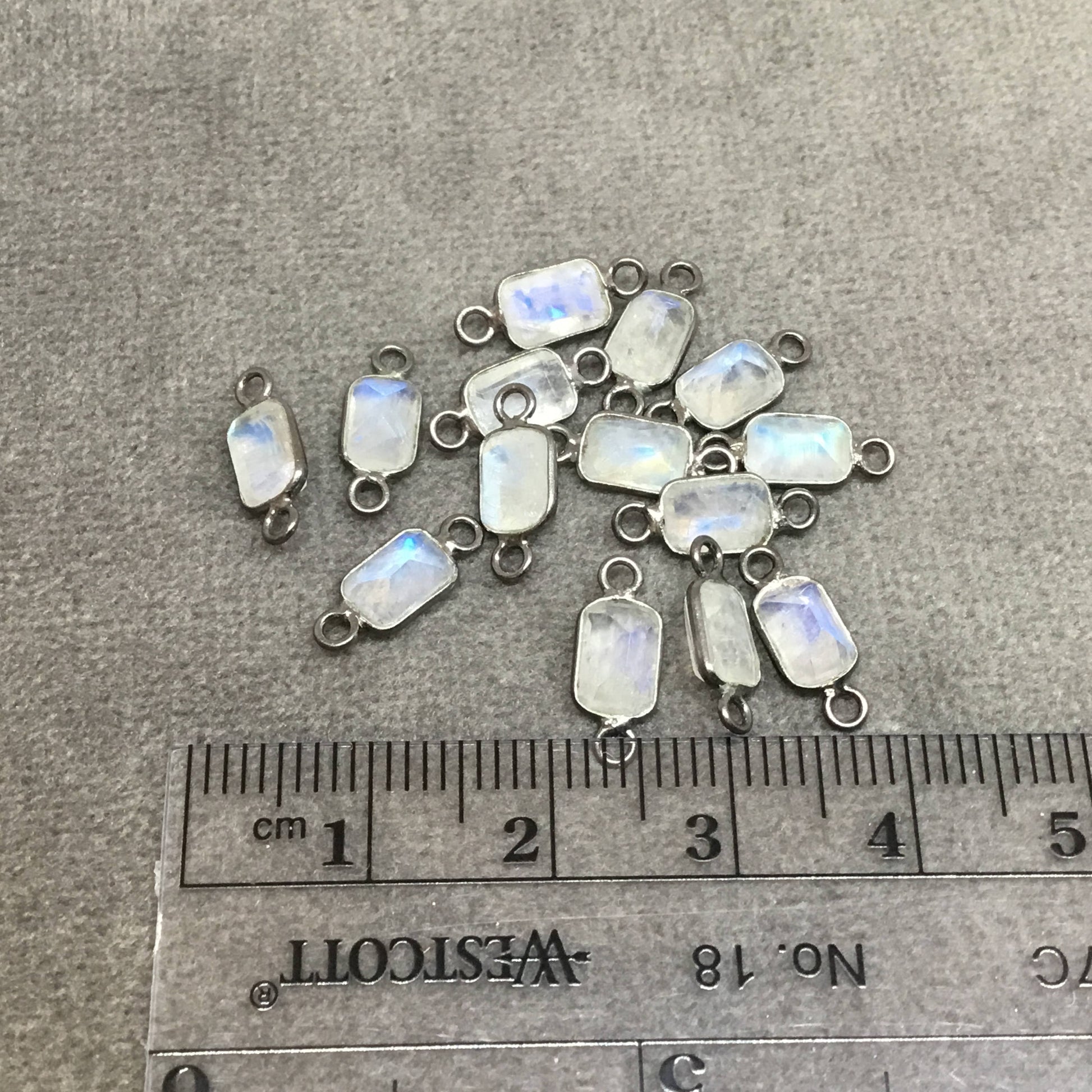 BULK PACK of Six (6) Gunmetal Sterling Silver Pointed/Cut Stone Faceted Rectangle Shaped Moonstone Bezel Connectors - Measuring 4mm x 6mm