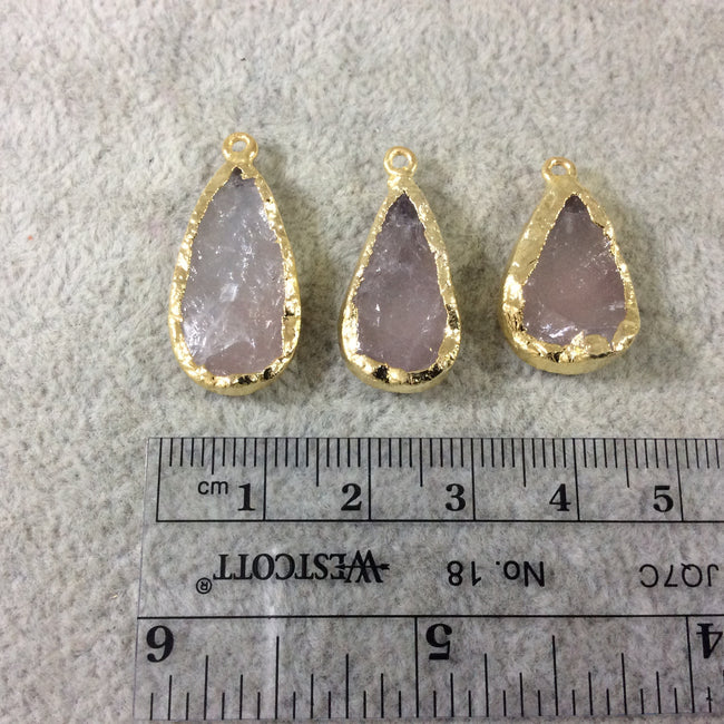 Jeweler's Lot  of Three Gold Electroformed Natural Rough Rose Quartz Freeform Pendants "RQE11"- ~  19mm - 24mm Long - Quality Raw Gemstone