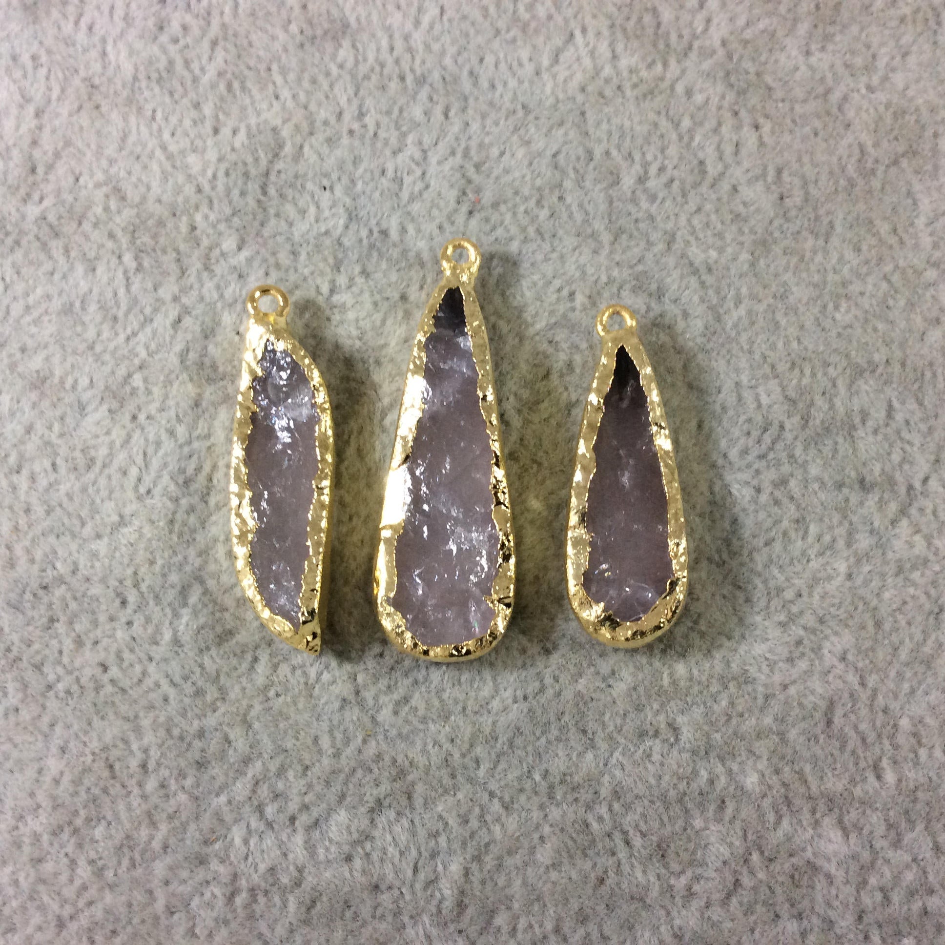 Jeweler's Lot  of Three Gold Electroformed Natural Rough Rose Quartz Freeform Pendants "RQE14"- ~  25mm - 33mm Long - Quality Raw Gemstone