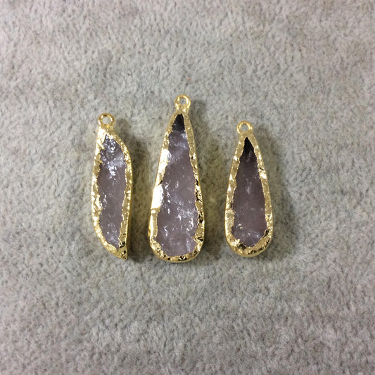 Jeweler's Lot  of Three Gold Electroformed Natural Rough Rose Quartz Freeform Pendants "RQE14"- ~  25mm - 33mm Long - Quality Raw Gemstone