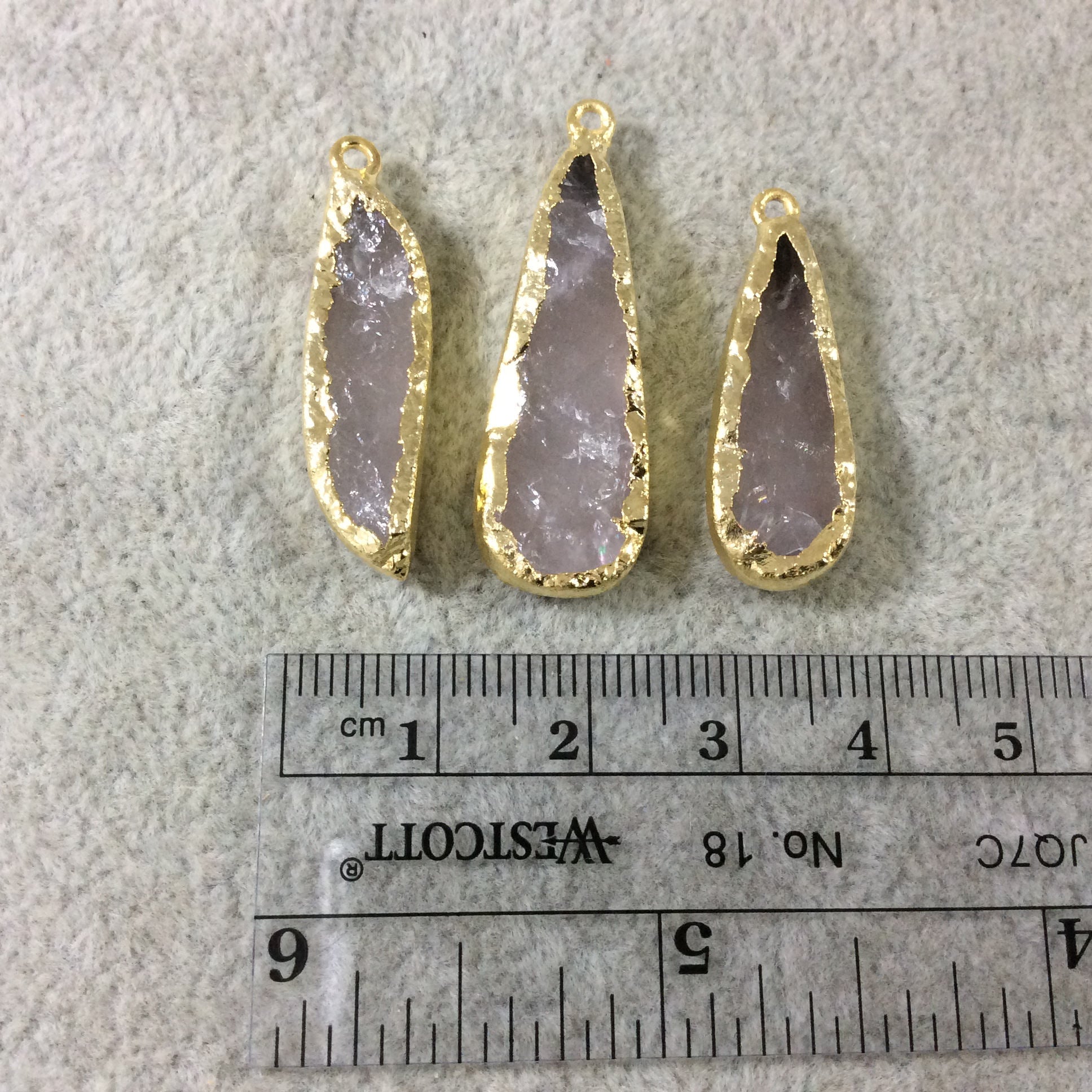 Jeweler's Lot  of Three Gold Electroformed Natural Rough Rose Quartz Freeform Pendants "RQE14"- ~  25mm - 33mm Long - Quality Raw Gemstone