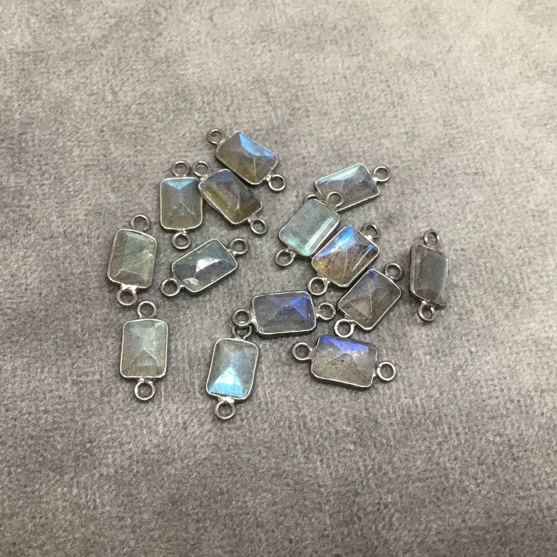 BULK PACK of Six (6) Gunmetal Sterling Silver Pointed/Cut Stone Faceted Rectangle Shaped Labradorite Bezel Connectors - Measuring 5mm x 7mm