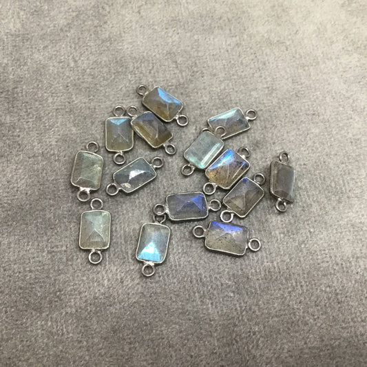 BULK PACK of Six (6) Gunmetal Sterling Silver Pointed/Cut Stone Faceted Rectangle Shaped Labradorite Bezel Connectors - Measuring 5mm x 7mm