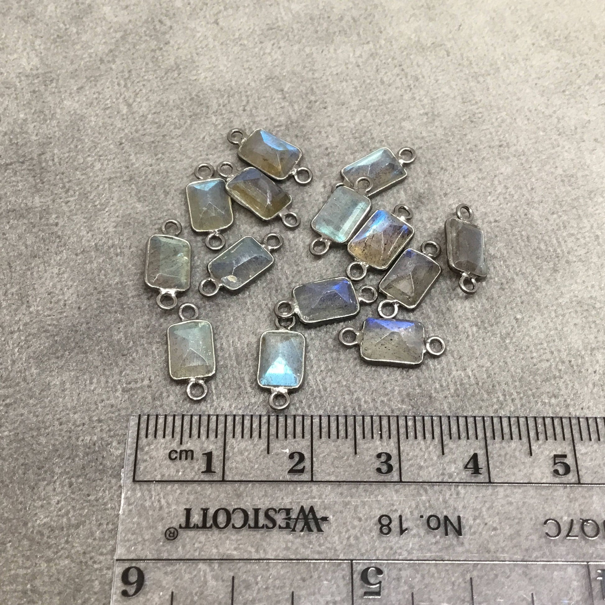 BULK PACK of Six (6) Gunmetal Sterling Silver Pointed/Cut Stone Faceted Rectangle Shaped Labradorite Bezel Connectors - Measuring 5mm x 7mm