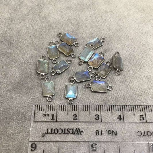 BULK PACK of Six (6) Gunmetal Sterling Silver Pointed/Cut Stone Faceted Rectangle Shaped Labradorite Bezel Connectors - Measuring 5mm x 7mm
