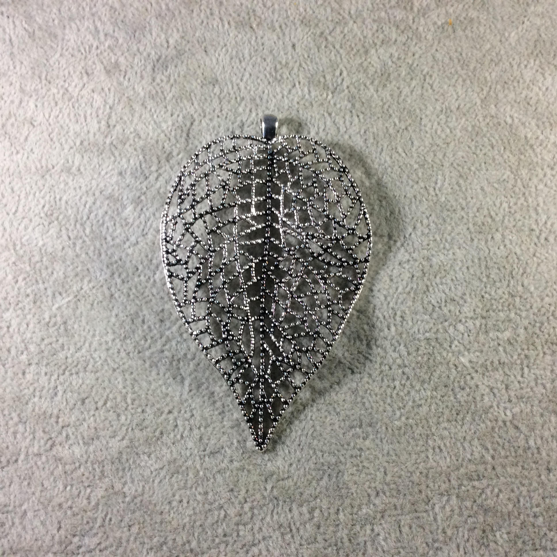 Oxidized Silver Plated Leaf Shaped Inlaid Plated Copper Base Metal Focal Pendant - Measuring 55mm x 82mm  - Sold Individually