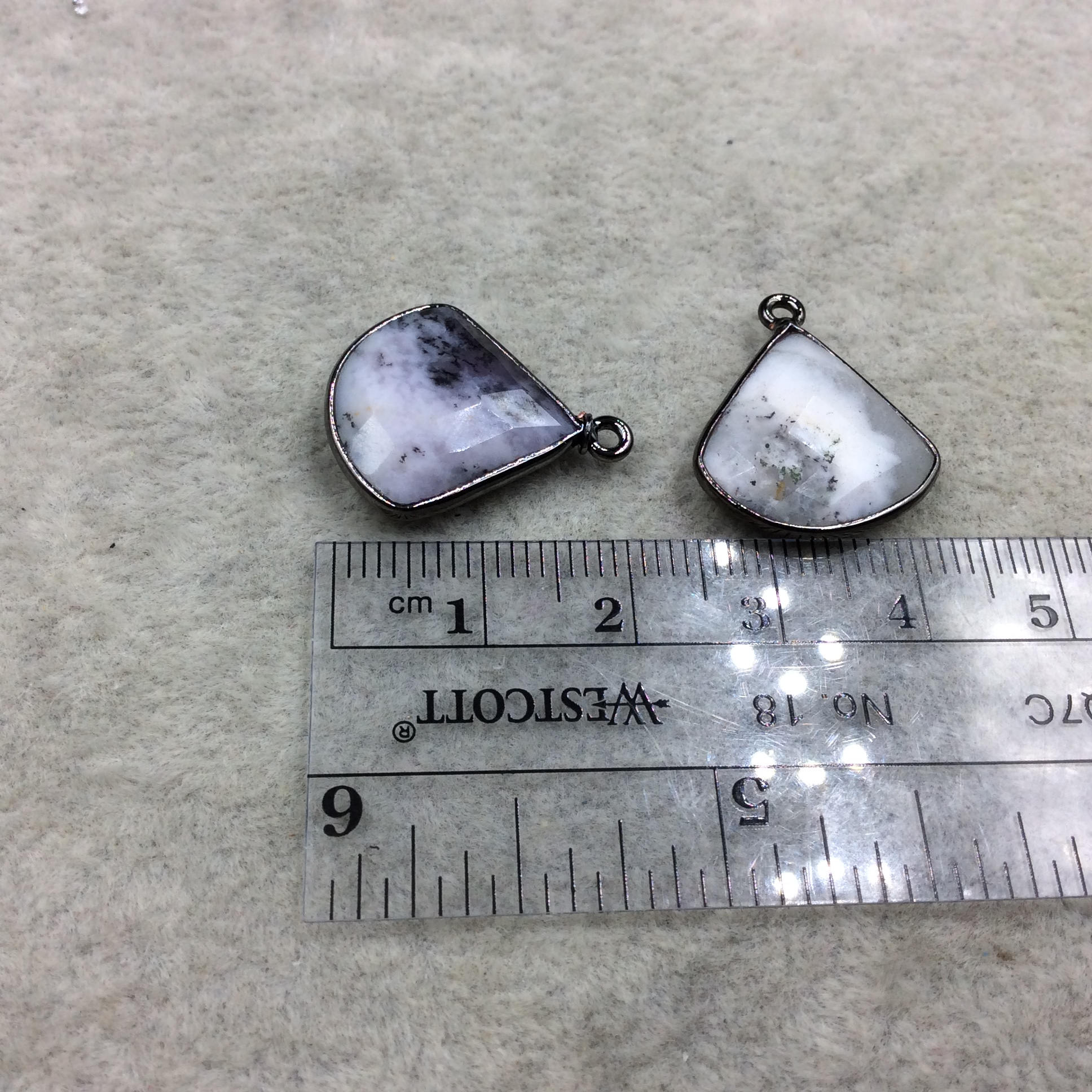 Gunmetal Plated Faceted Natural Dendritic Opal Fan Shape Bezel Pendant - Approx. 18mm x 18mm - Sold Individually, At Random