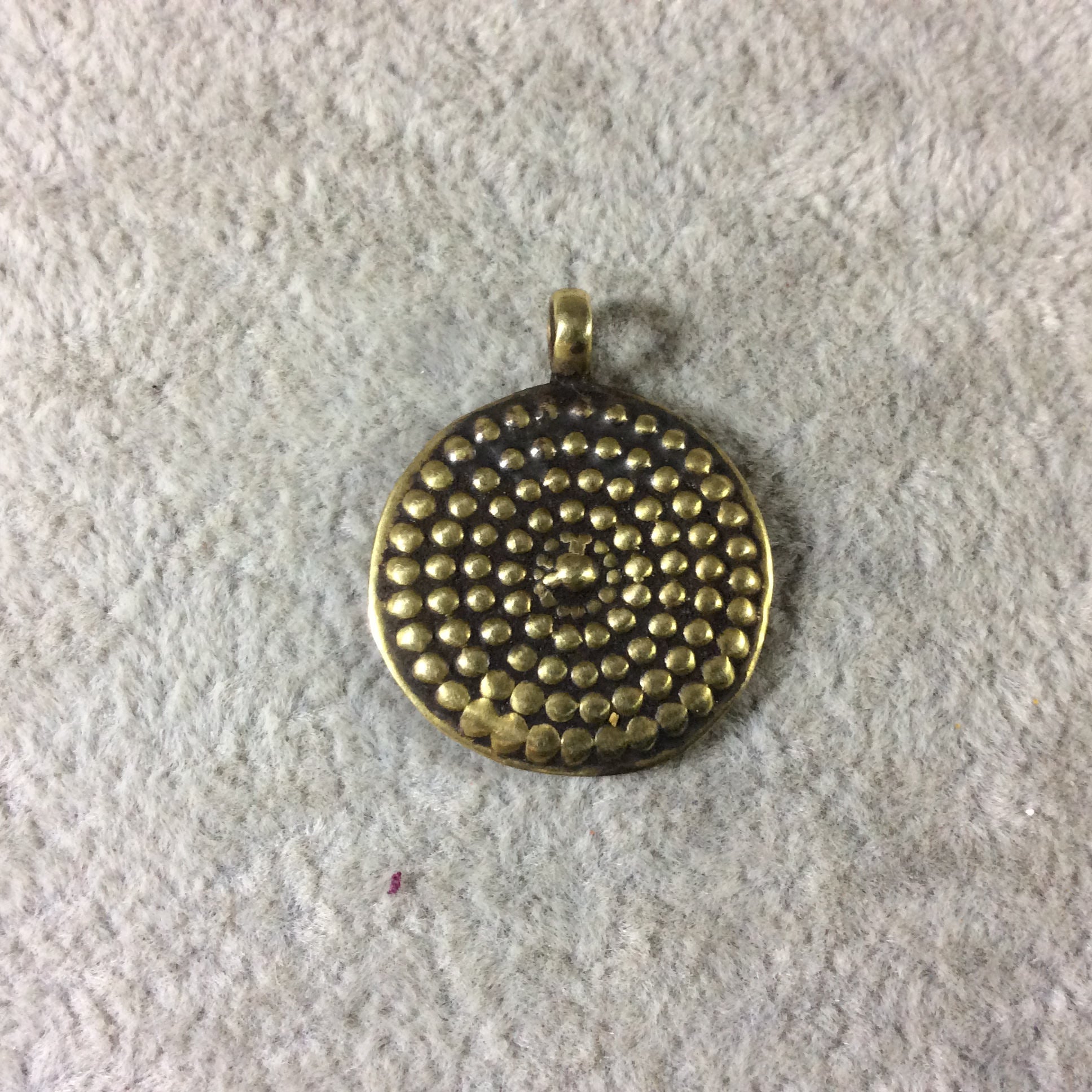 21mm x 21mm Oxidized Gold Plated Rustic Cast Copper Round Flower/Emblem Shaped Pendant w/ Attached Ring  - Sold Individually (CR-10)