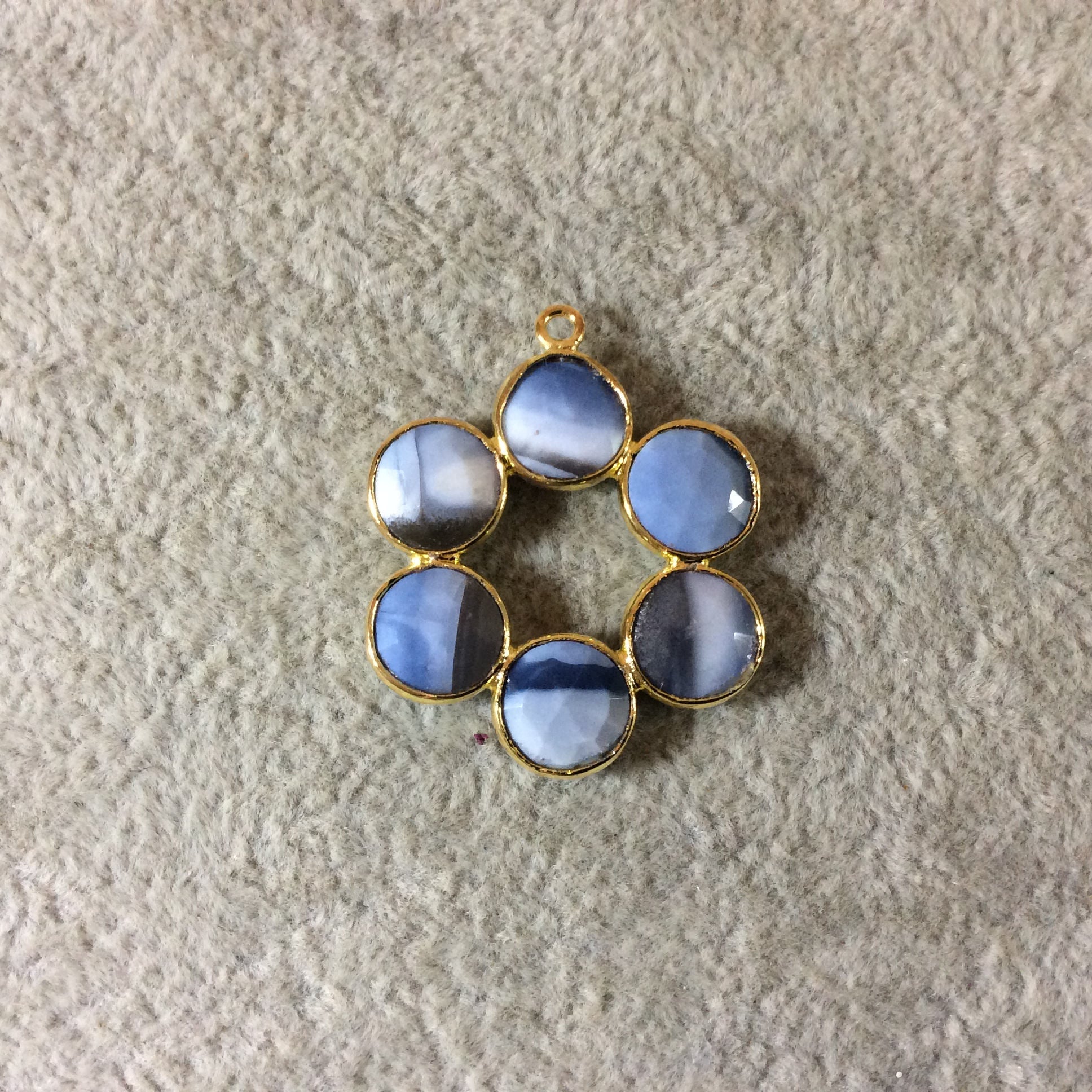 26mm Gold Finish Faceted Natural Blue Opal 6 Petal (8mm) Flower Shaped Plated Copper Bezel Pendant - Sold Individually, Random