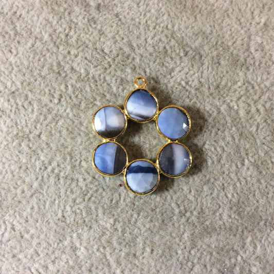 26mm Gold Finish Faceted Natural Blue Opal 6 Petal (8mm) Flower Shaped Plated Copper Bezel Pendant - Sold Individually, Random