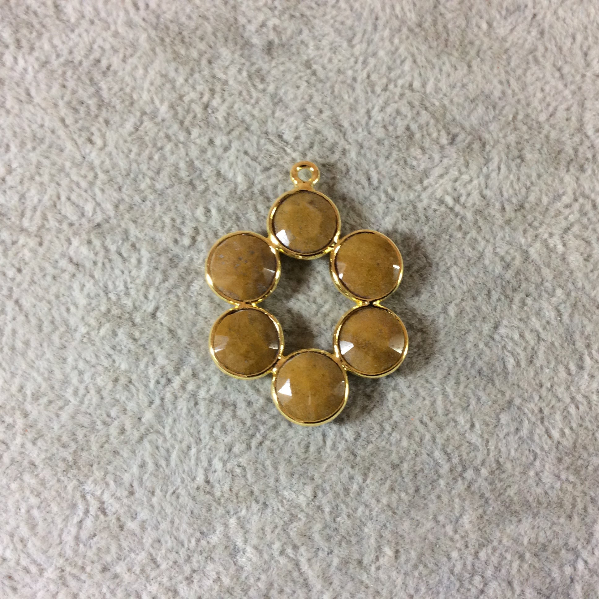 26mm Gold Finish Faceted Natural Honey Jasper 6 Petal (8mm) Flower Shaped Plated Copper Bezel Pendant - Sold Individually, Random