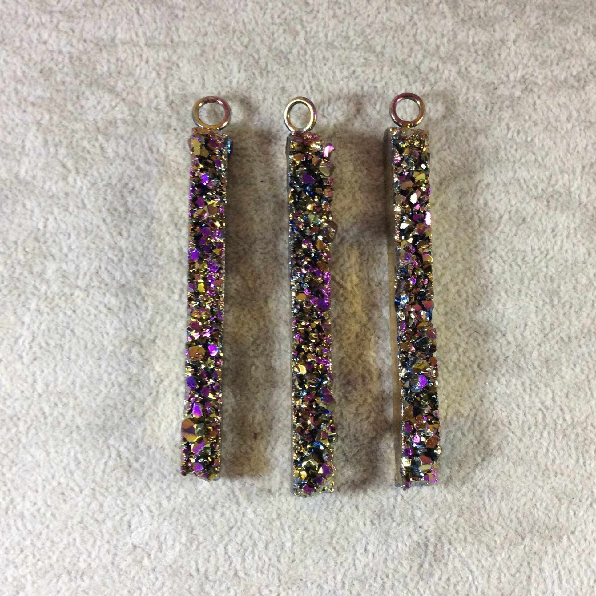Gold Electoplated Bar/Spike Shaped Pink/Purple Confetti Druzy Focal Pendant - Measuring ~ 9mm x 72mm - Sold Individually, Chosen Random