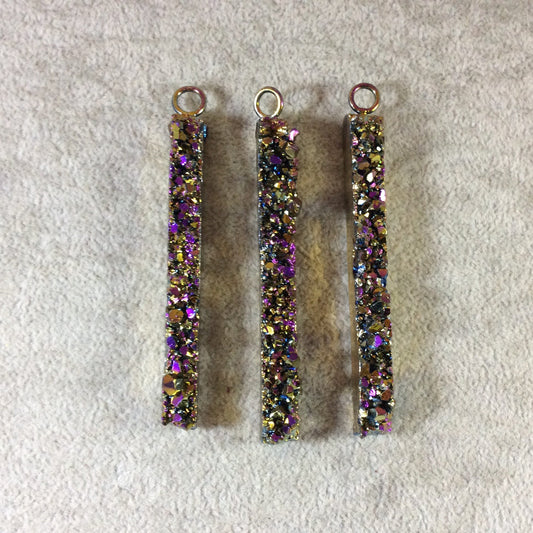 Gold Electoplated Bar/Spike Shaped Pink/Purple Confetti Druzy Focal Pendant - Measuring ~ 9mm x 72mm - Sold Individually, Chosen Random
