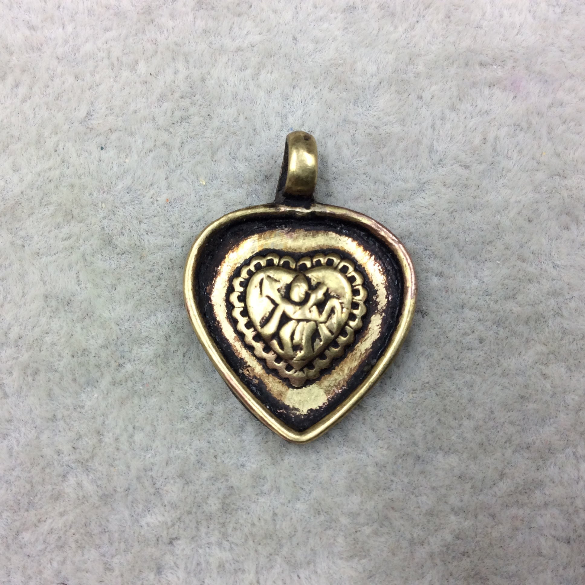 3/4" Oxidized Gold Plated Rustic Hanuman Monkey Copper Heart Shaped God/Deity Pendant with Attached Ring  - 20mm x 20mm, Approximately