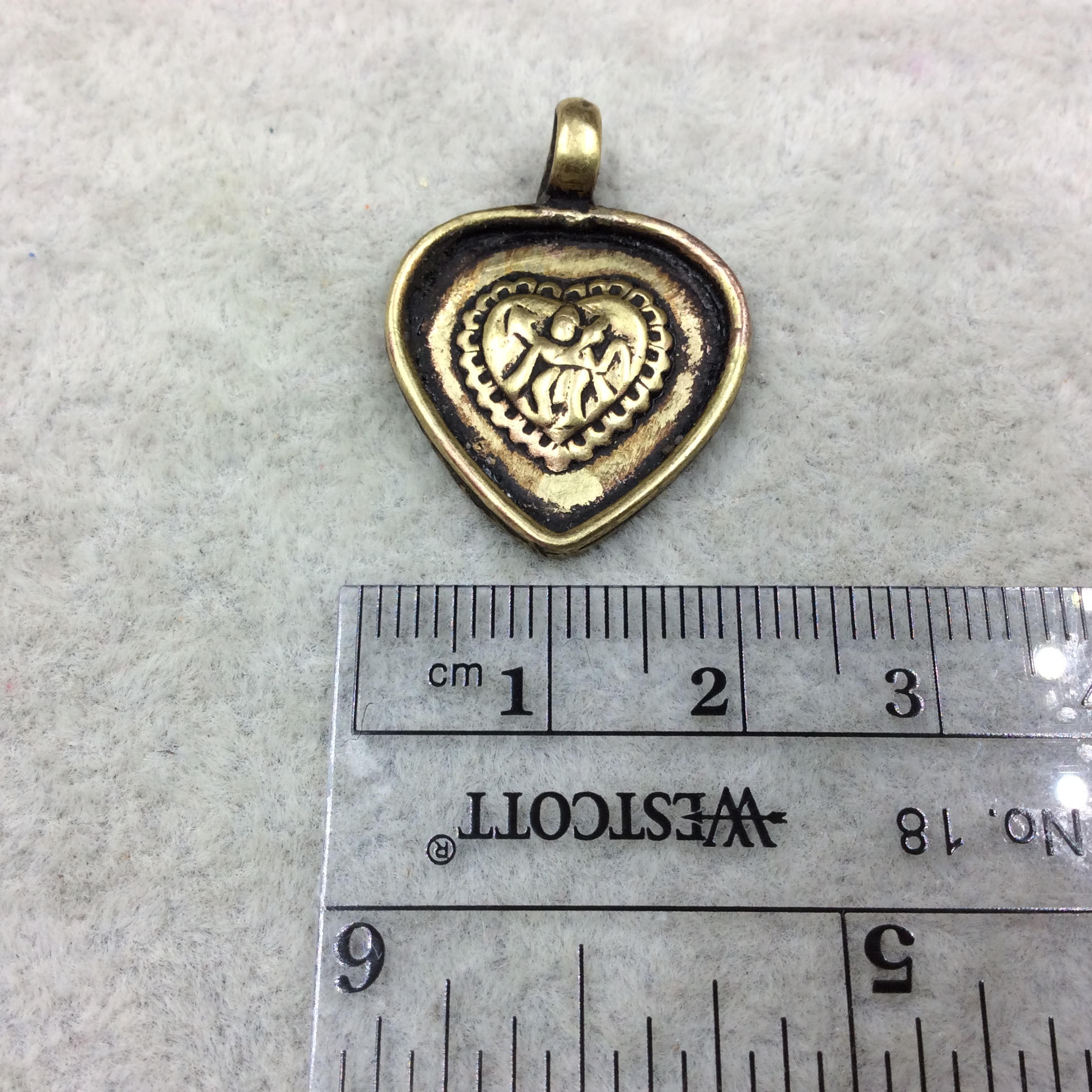 3/4" Oxidized Gold Plated Rustic Hanuman Monkey Copper Heart Shaped God/Deity Pendant with Attached Ring  - 20mm x 20mm, Approximately