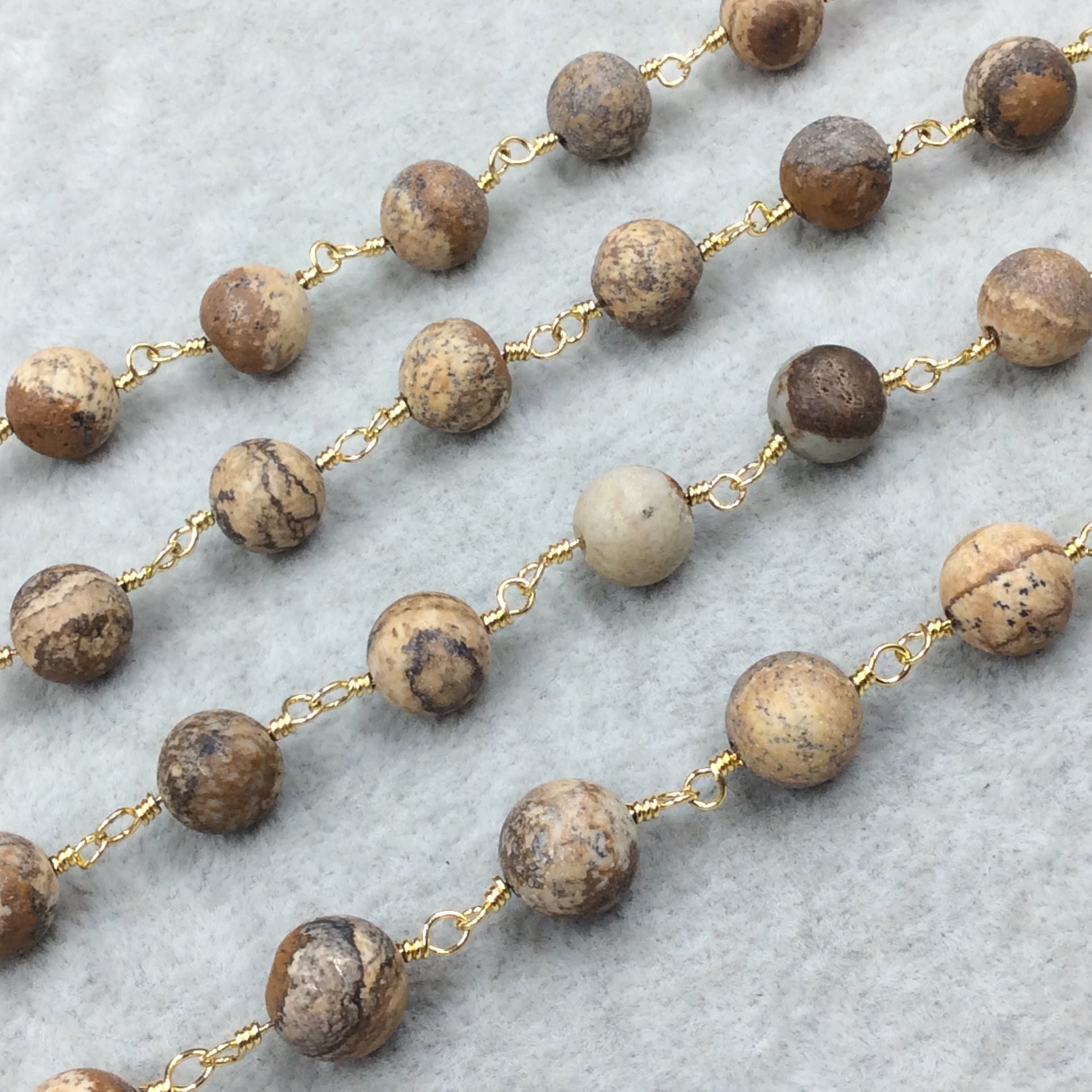 Gold Plated Copper Wrapped Rosary Chain with 10mm Smooth Natural Picture Jasper Round Shaped Beads - Sold by the Foot! (CH455-GD)!