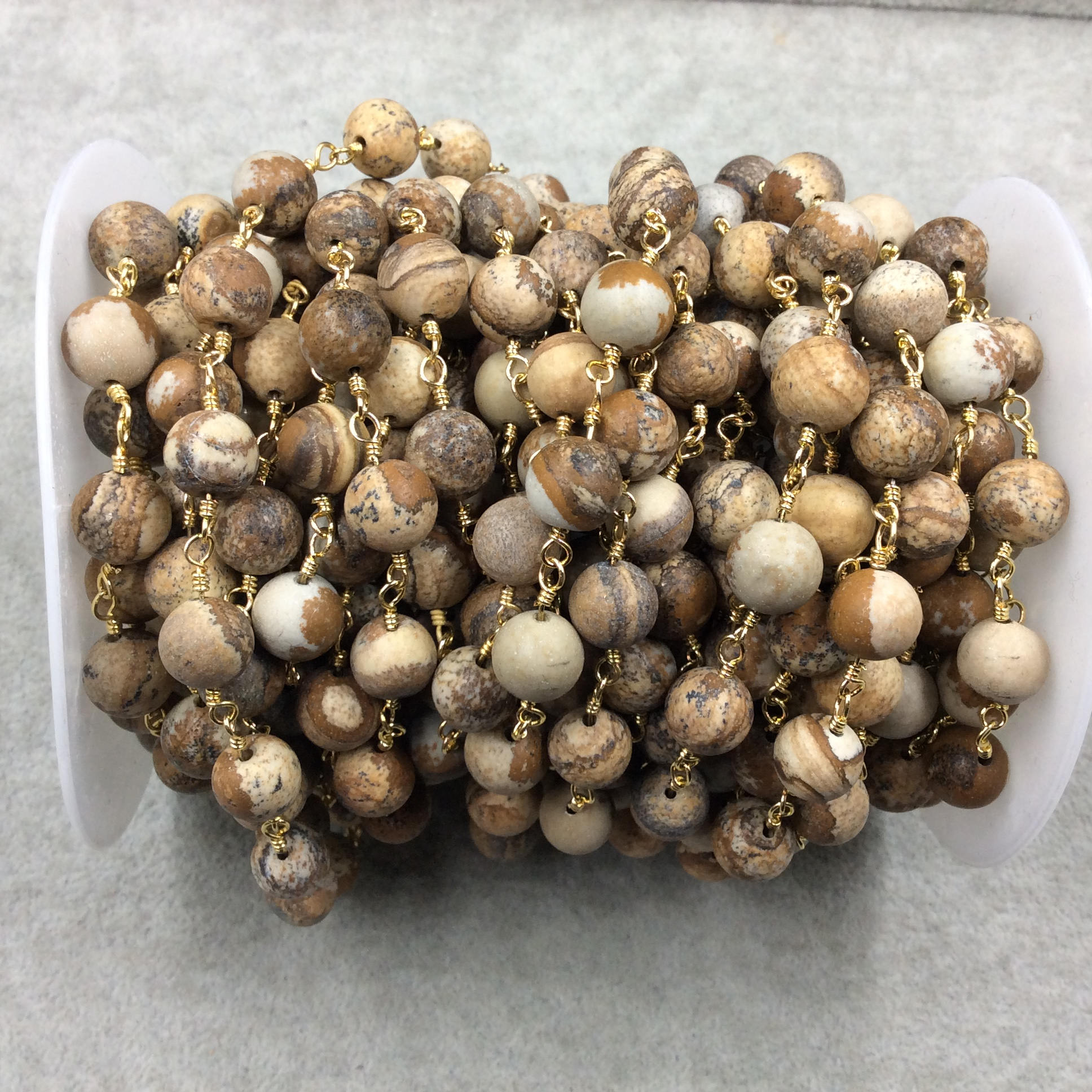 Gold Plated Copper Wrapped Rosary Chain with 10mm Smooth Natural Picture Jasper Round Shaped Beads - Sold by the Foot! (CH455-GD)!