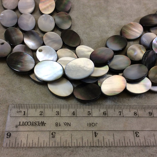 Black Lip Shell Beads - Smooth Flat Oval, Iridescent Gray/White, 13mm x 18mm, 16" Strand (~22 Beads)