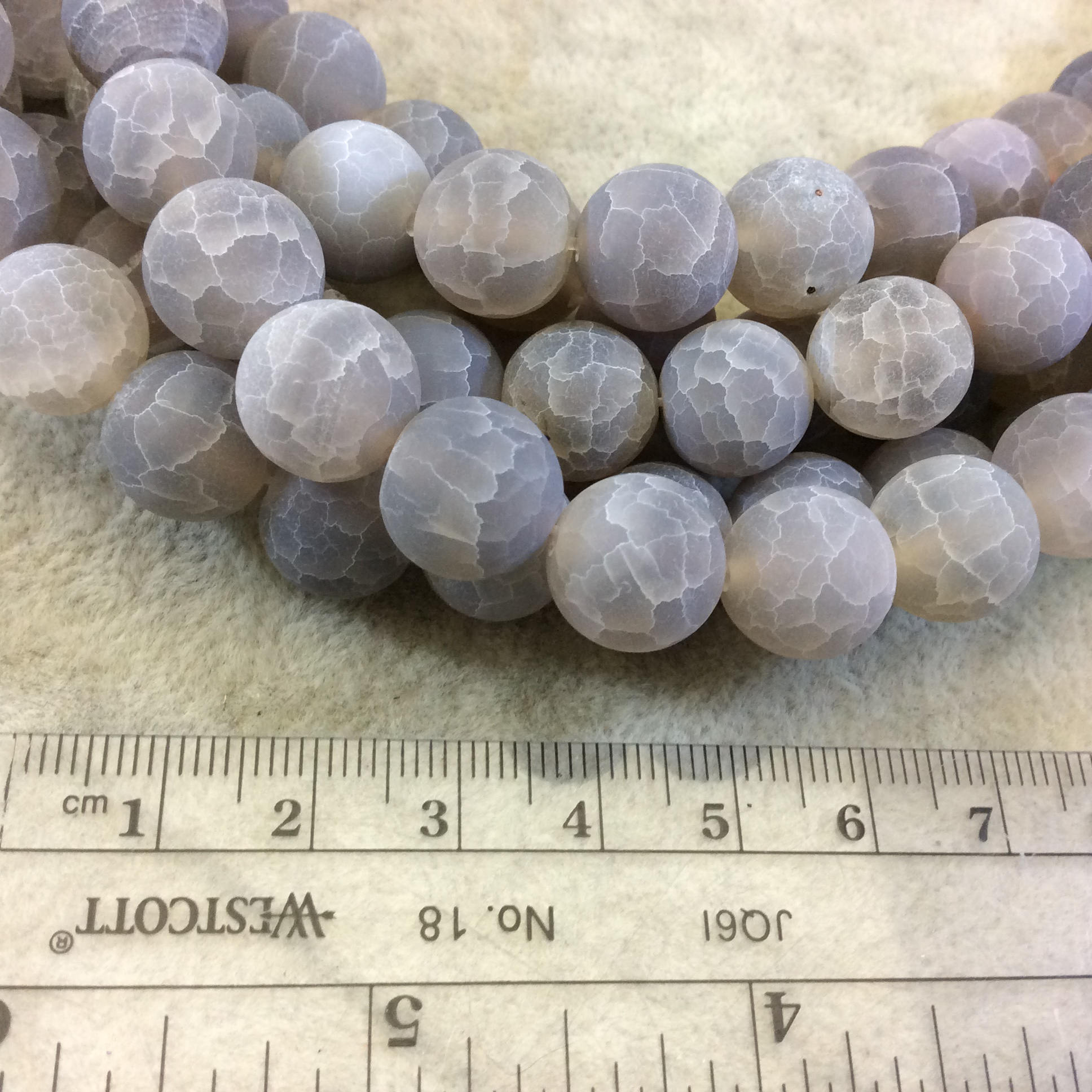 12mm Matte Finish Smooth Round Mixed Gray Crackle/Veined Agate Beads - 15" Strand (Approximately 33 Beads) - Natural Semi-Precious Gemstone